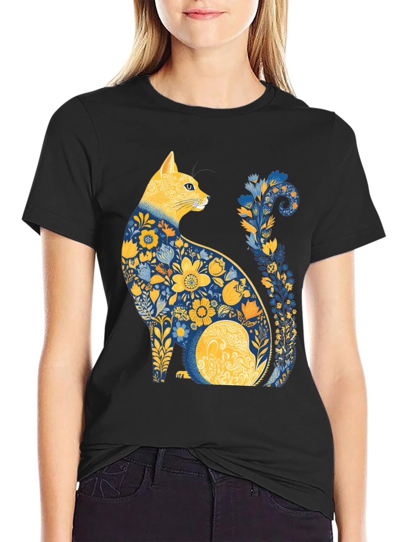 Black Floral Cat T-Shirt - Unique Artistic Design view 2