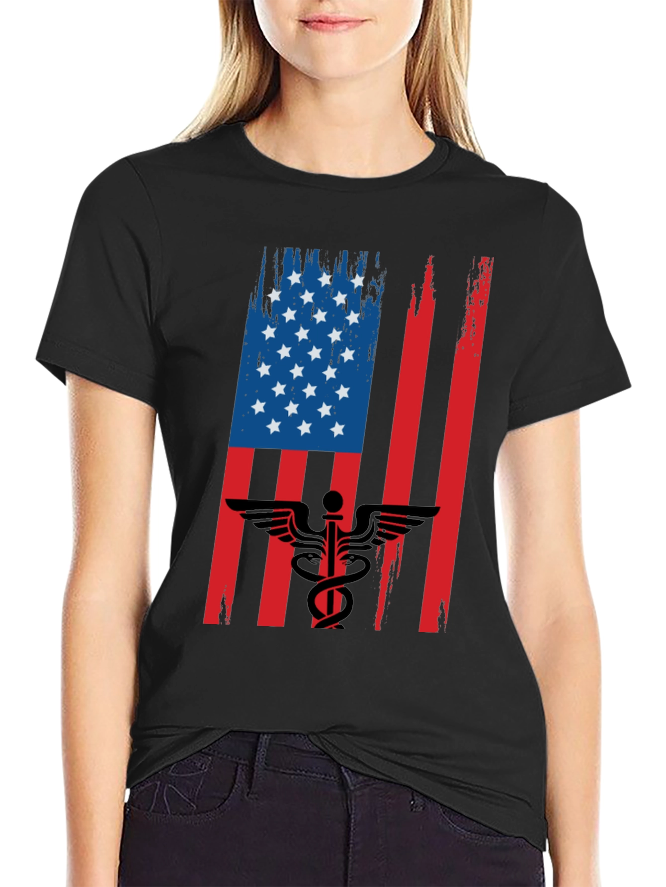 Black American Flag Medical Symbol Graphic Tee view 2