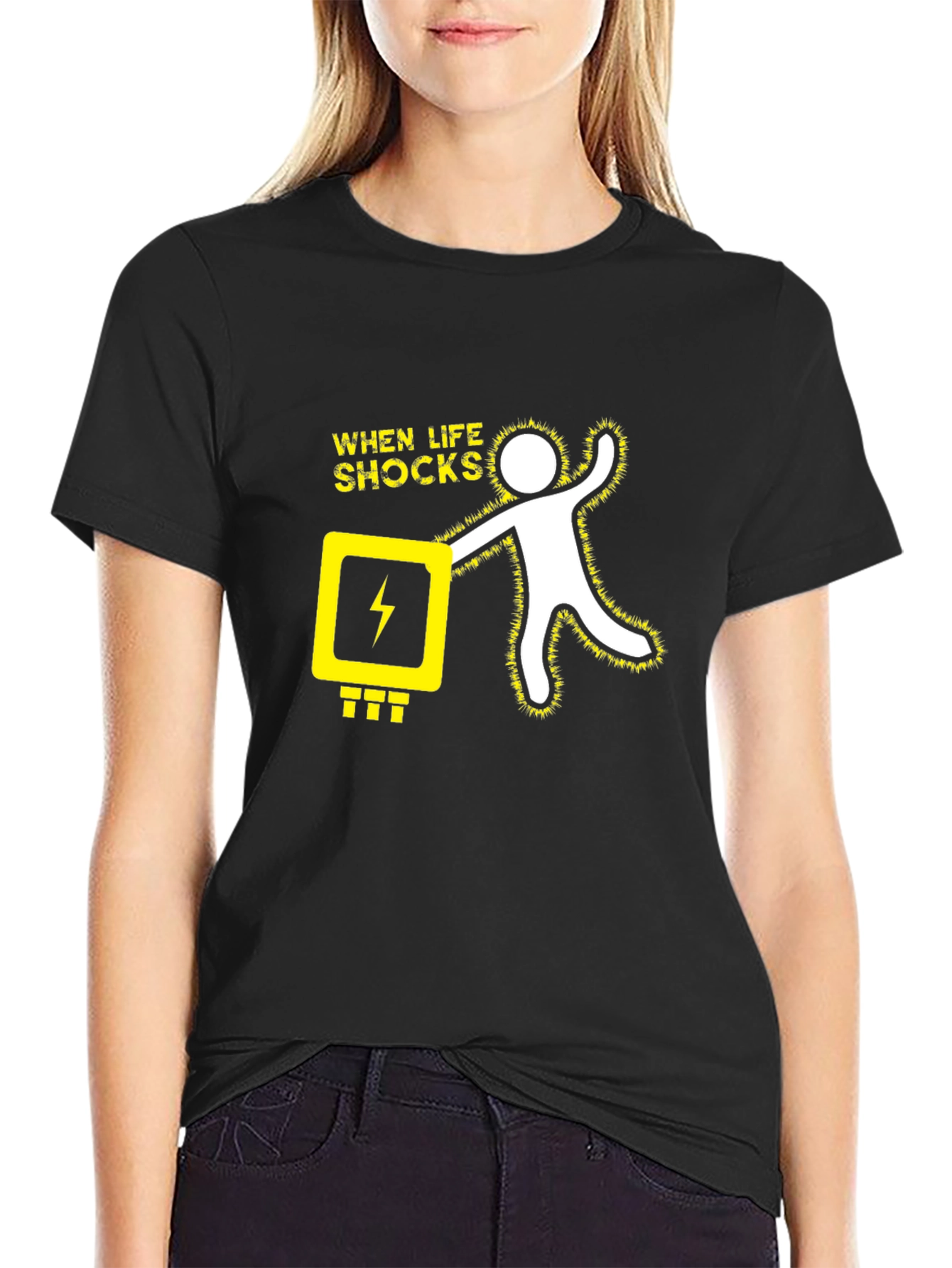Black When Life Shocks Humor Graphic T-Shirt view 2