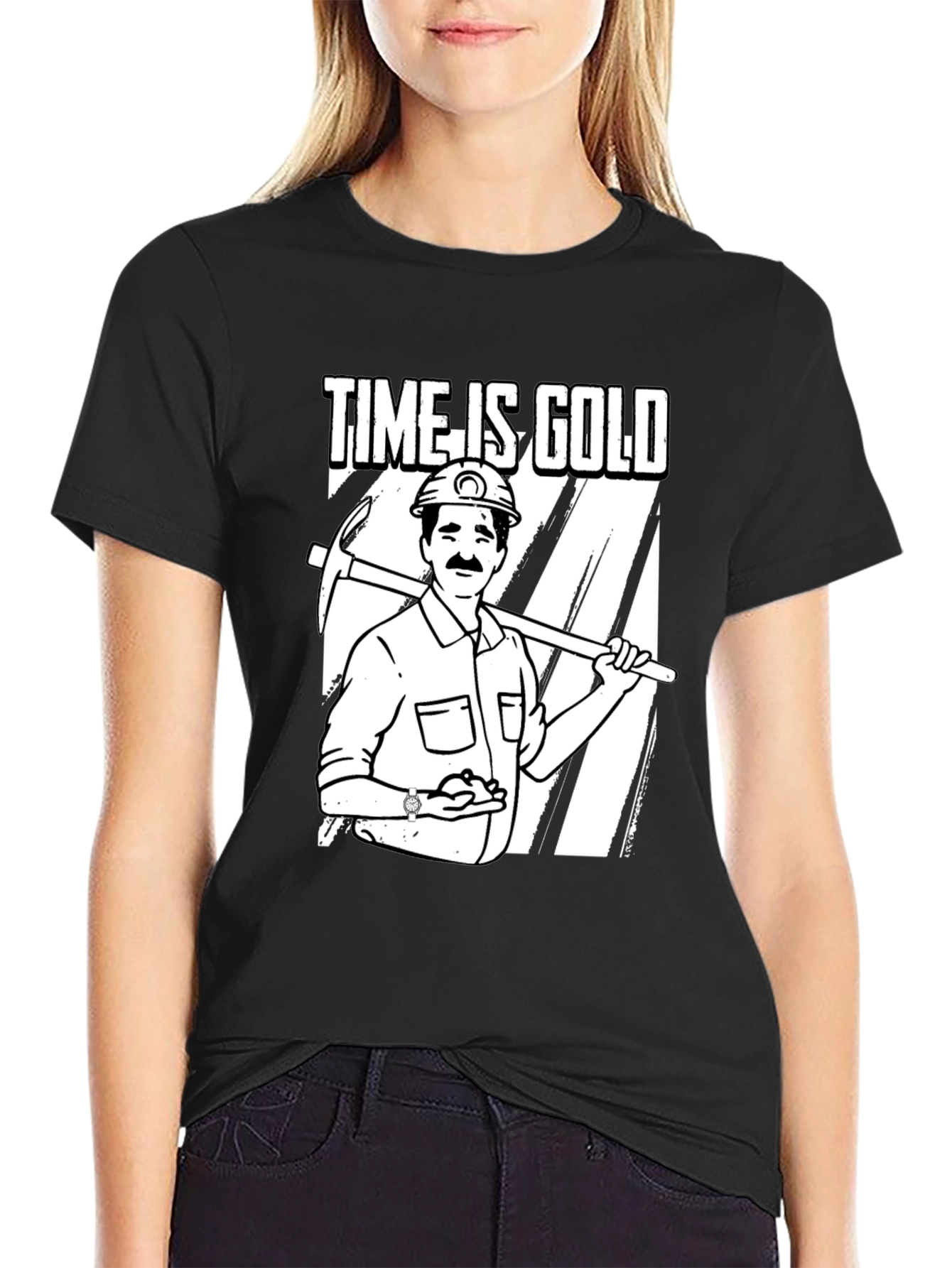 Black Time Is Gold Graphic Tee Miner Cartoon T-Shirt view 2