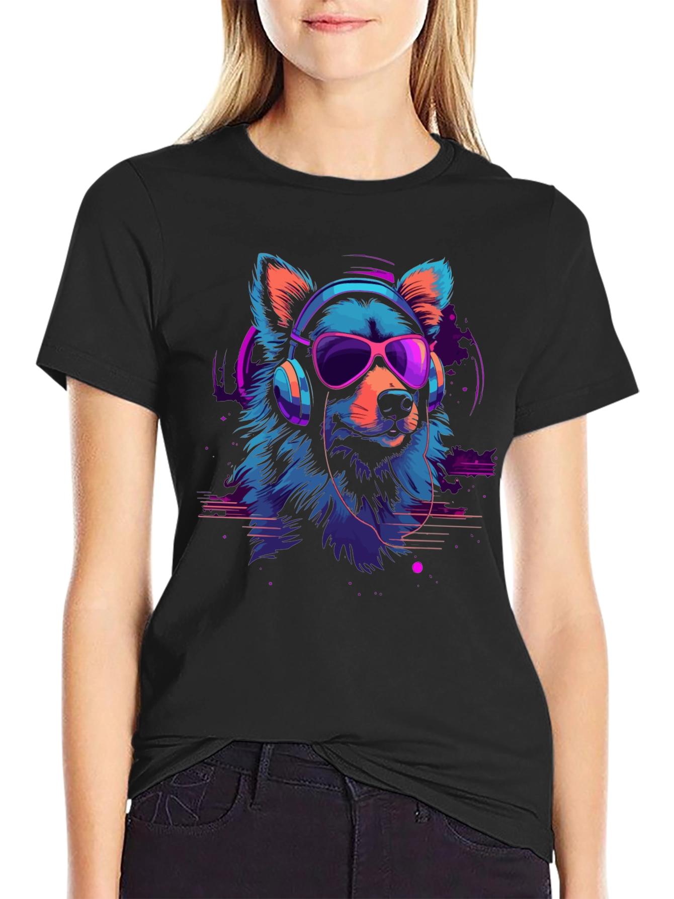 Black Cool Neon Dog Graphic T-Shirt view 2
