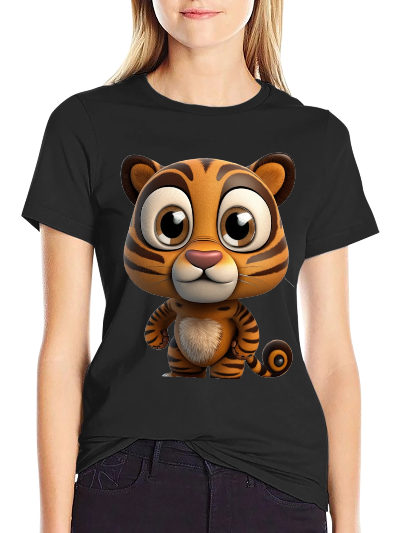 Black Cartoon Tiger Graphic Tee - Soft Black Cotton T-Shirt view 2