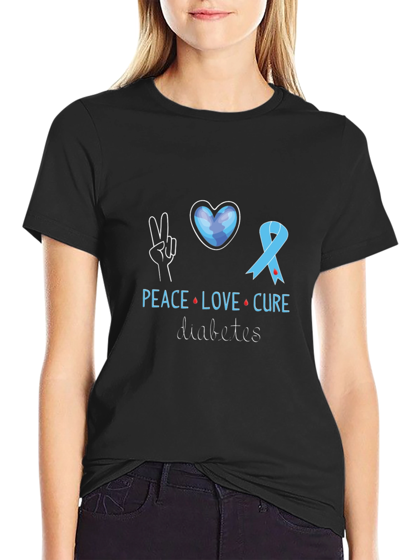 Black Peace Love Cure Diabetes Awareness T-Shirt view 2