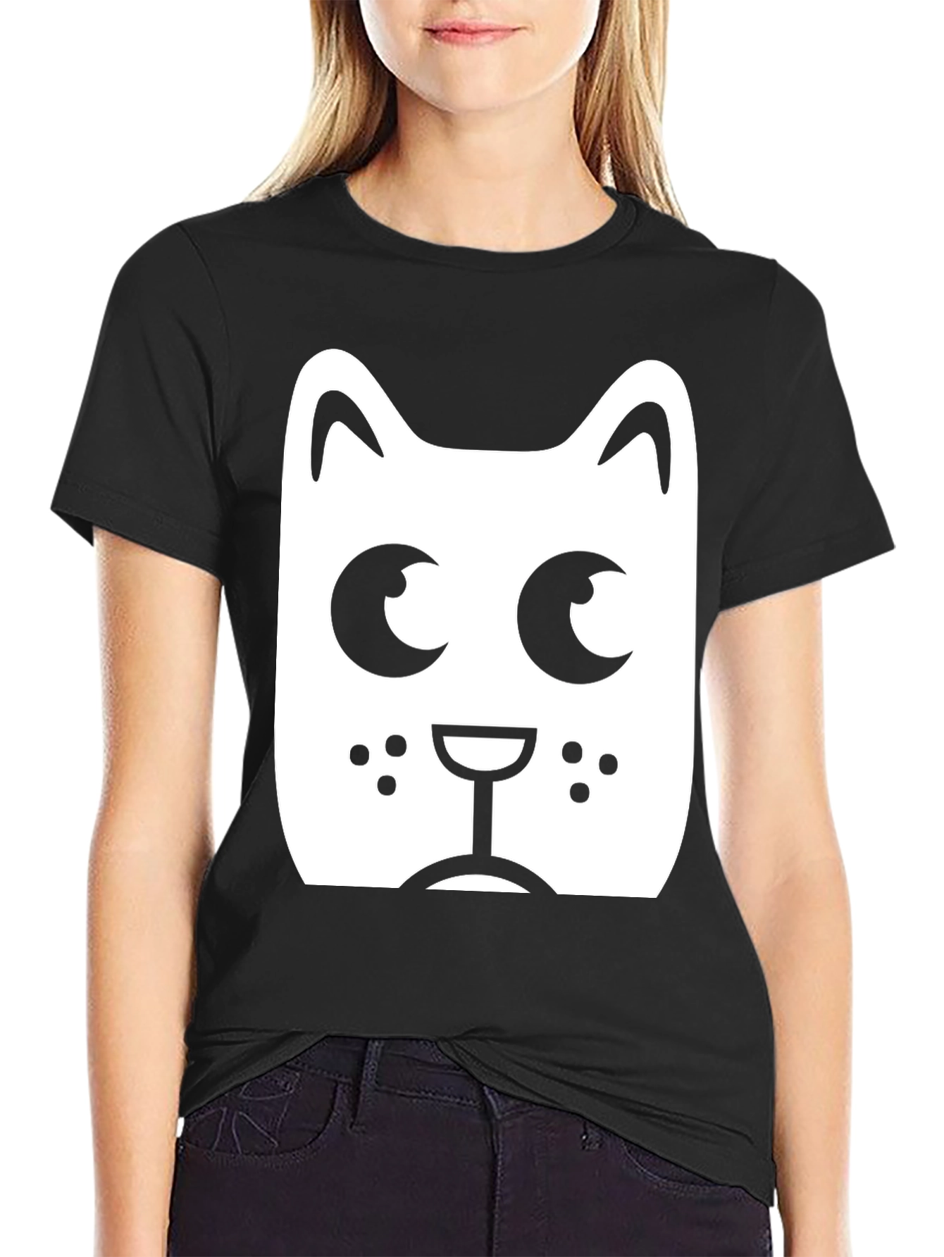Black Cute Cartoon Cat Face Black T-Shirt view 2