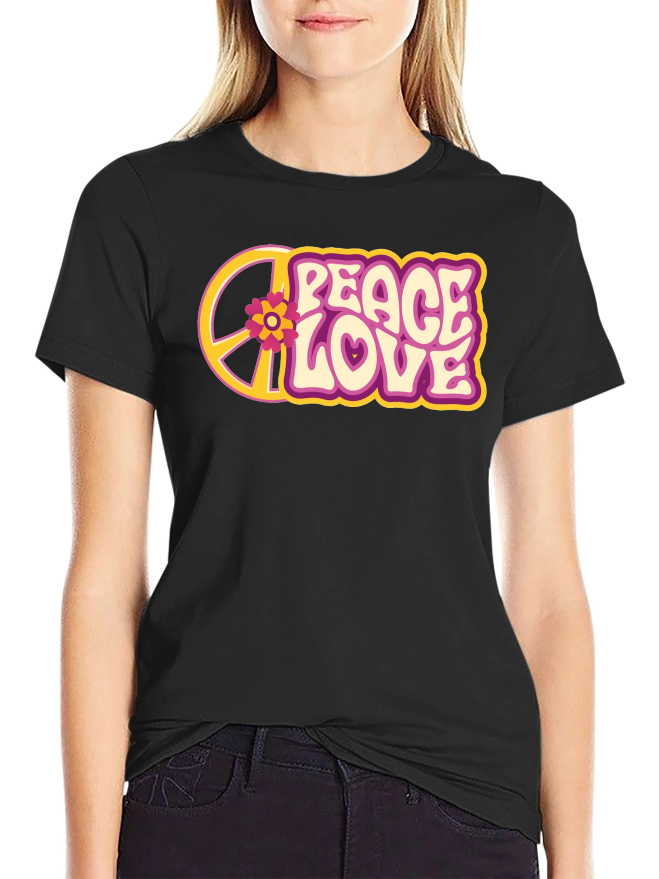Black Peace Love Flower Graphic Tee - Retro Style view 2