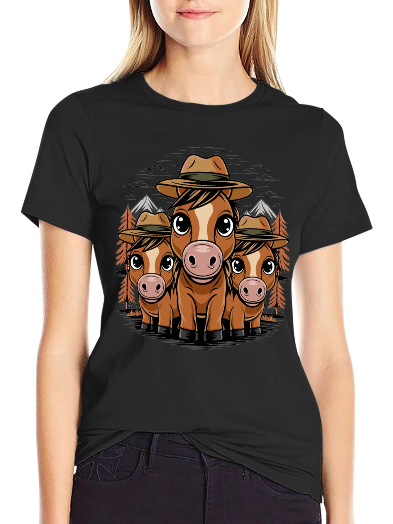 Black Cute Horse Ranger T-Shirt - Black Cotton Tee view 2