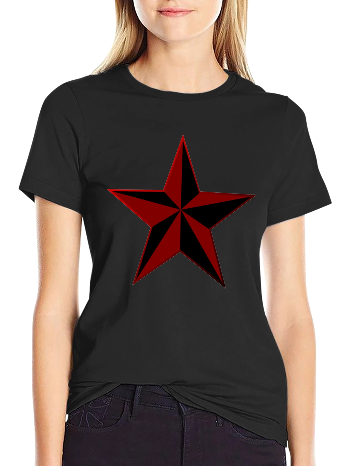 Red Nautical Star Graphic Print Black T-Shirt - 2