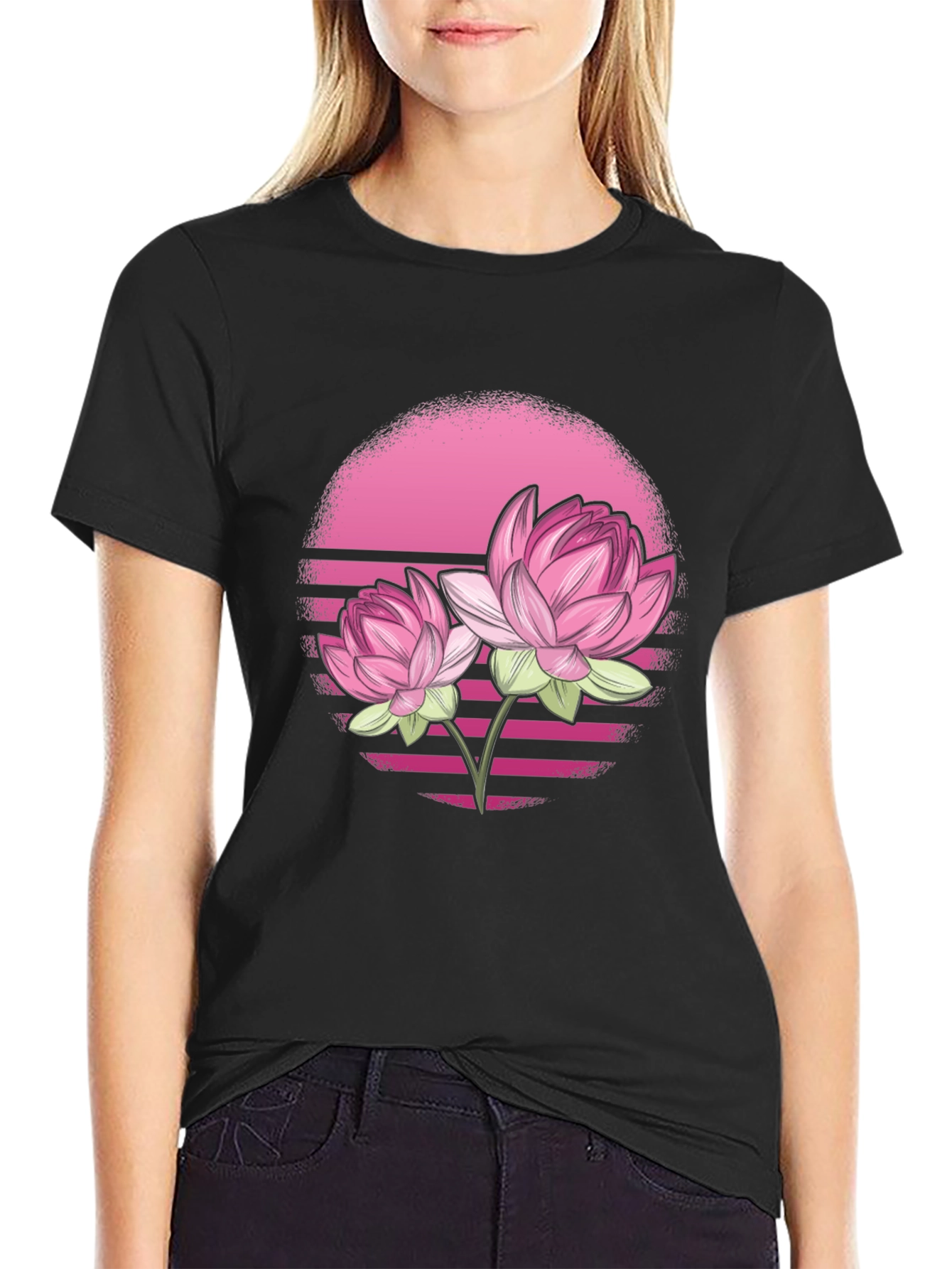 Black Pink Lotus Flower Graphic T-Shirt - Black view 2