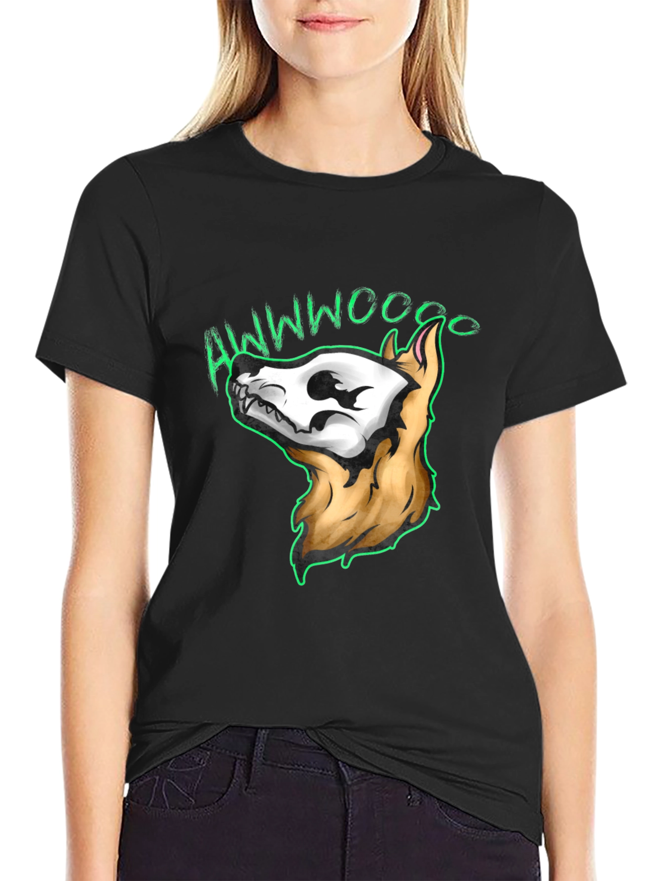 Black Awwwwoooo Skeleton Dog T-Shirt view 2