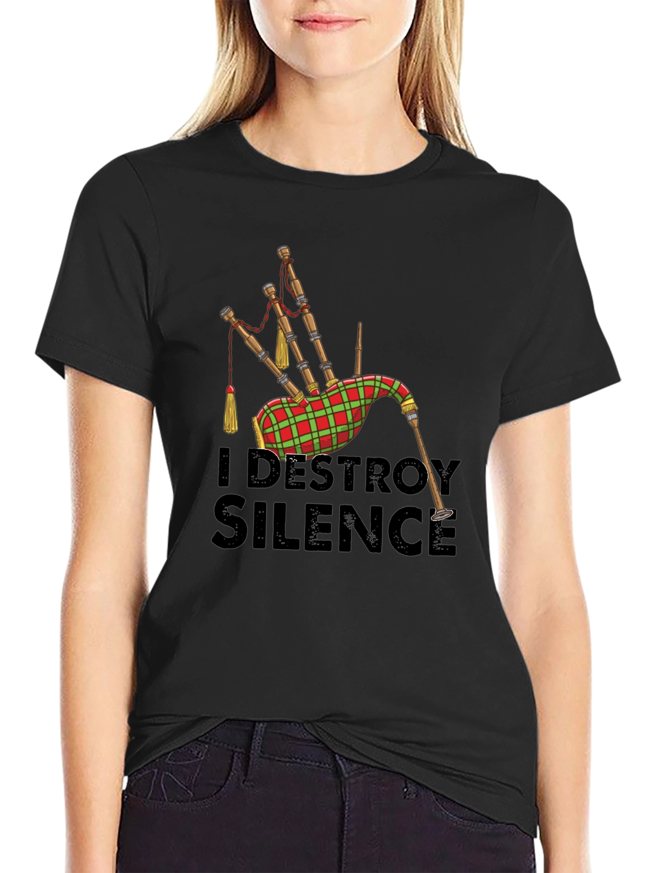 Black I Destroy Silence Bagpipe T-Shirt view 2