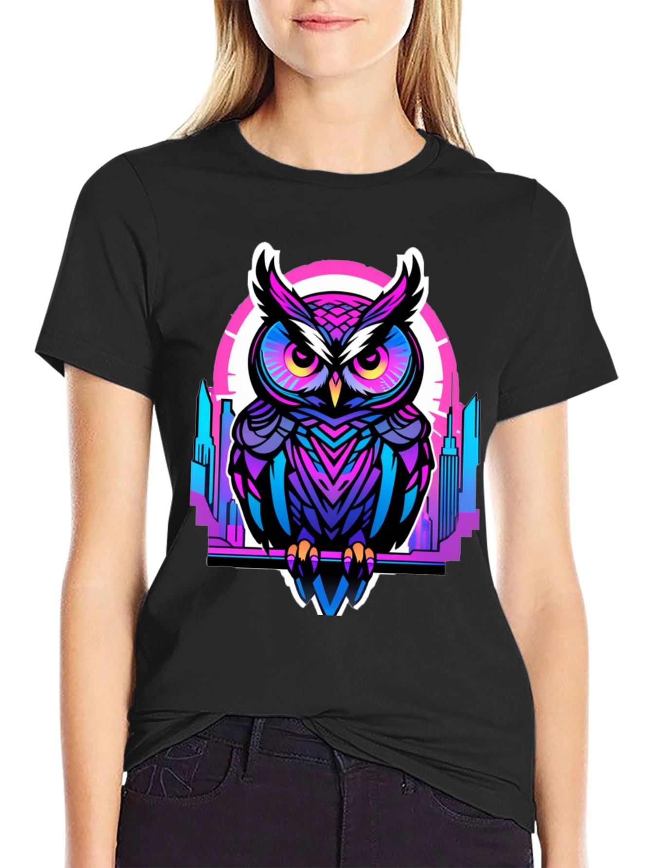Black Cyberpunk Owl Graphic Tee - Men's Black T-Shirt view 2
