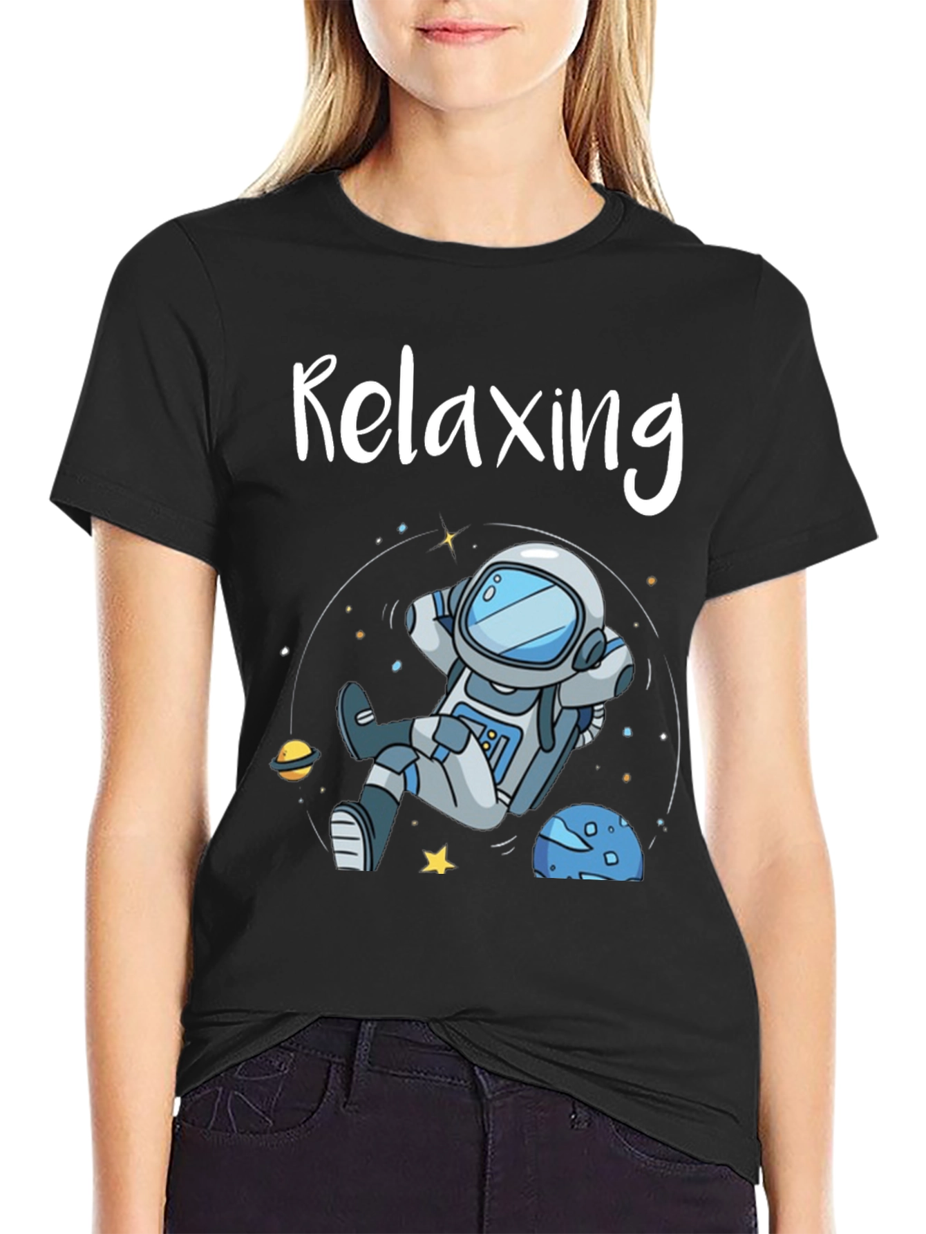 Black Relaxing Astronaut Graphic T-Shirt view 2