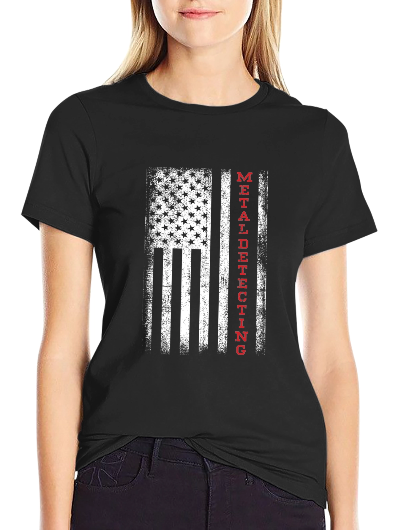 Black Metal Detecting USA Flag T-Shirt view 2