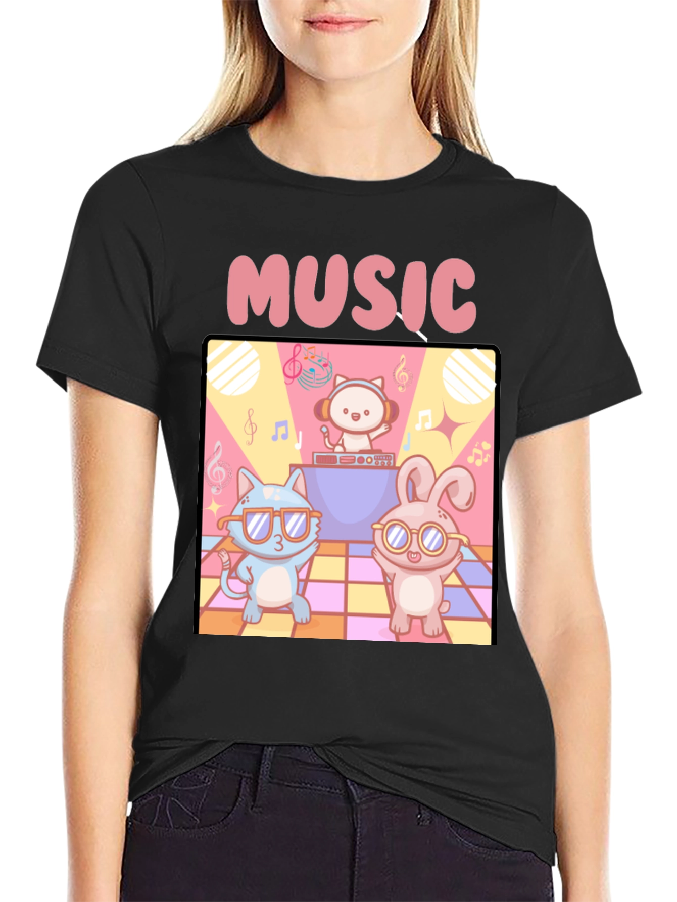 Black Music Cats and Bunny DJ T-Shirt view 2
