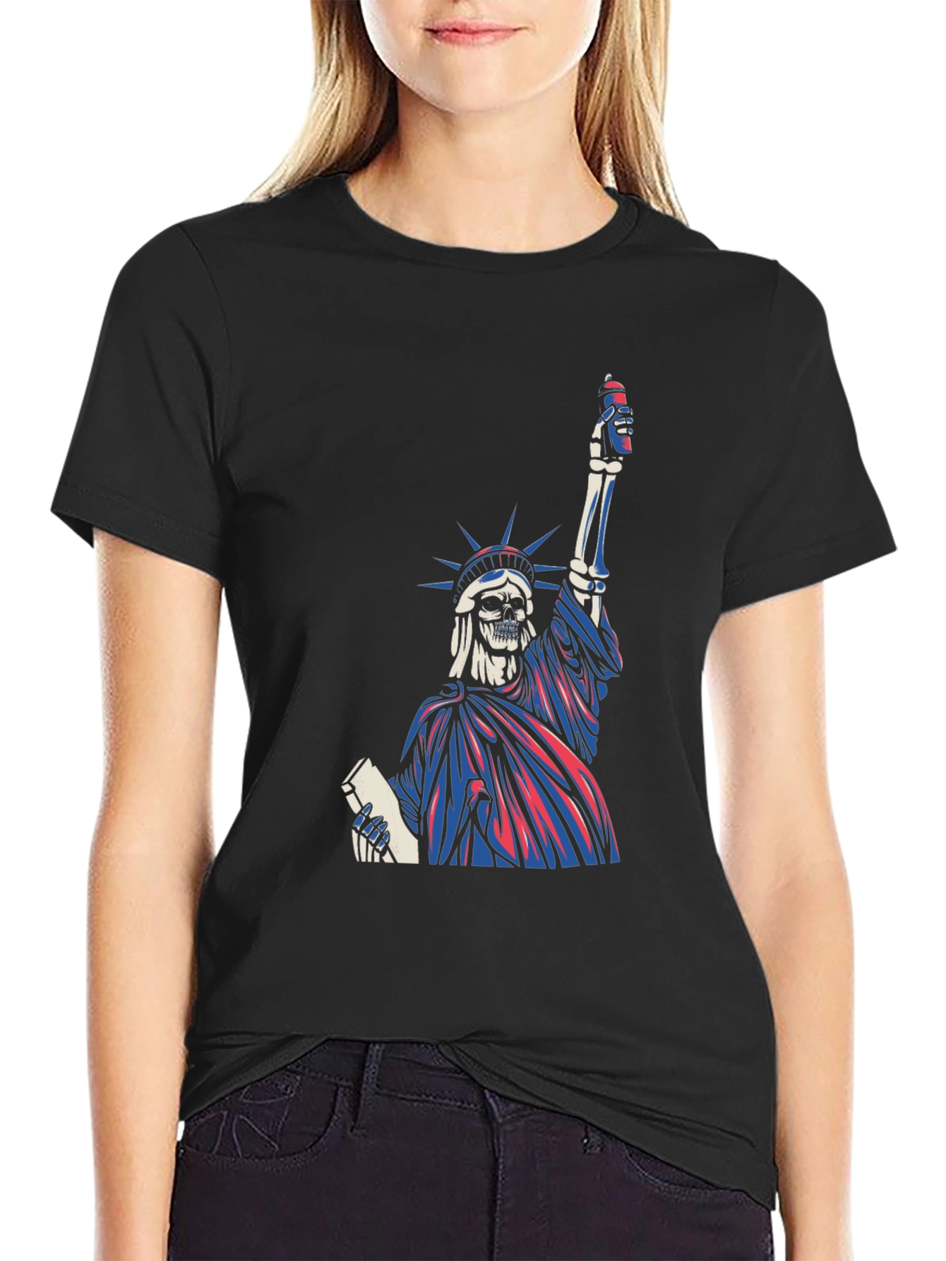 Black Statue of Liberty Skeleton Graphic T-Shirt view 2