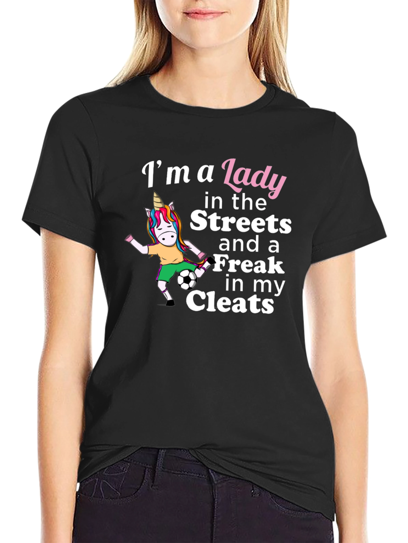 Black Lady Streets Freak Cleats Soccer Unicorn T-Shirt view 2