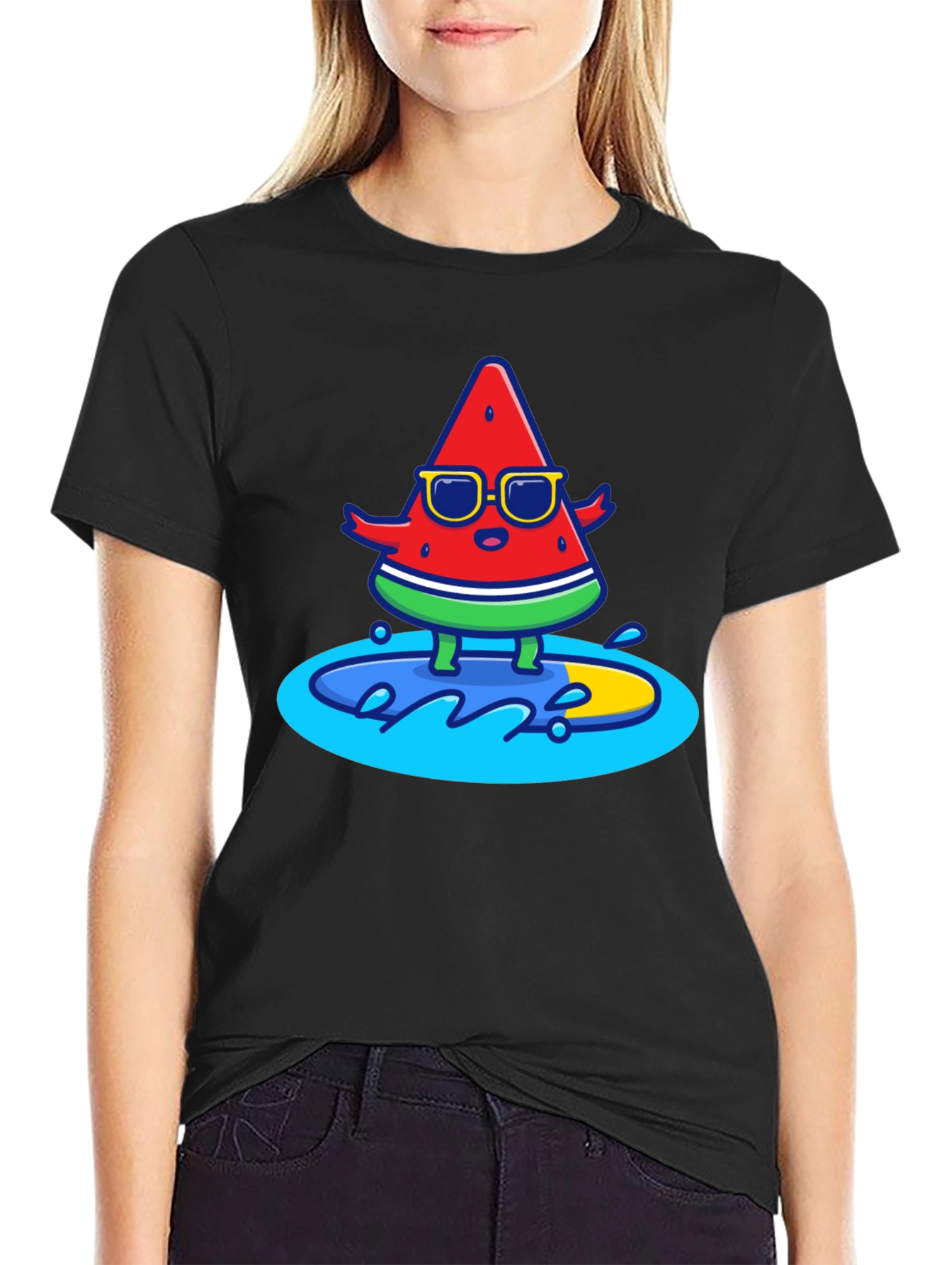 Black Cool Watermelon Surfing Graphic T-Shirt view 2