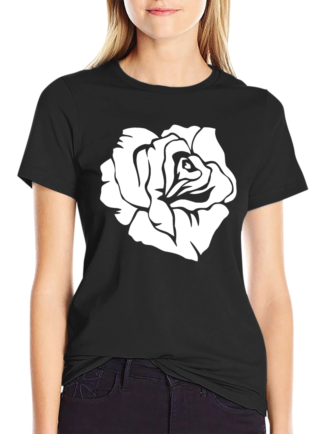 Black Black T-Shirt with White Rose Graphic view 2