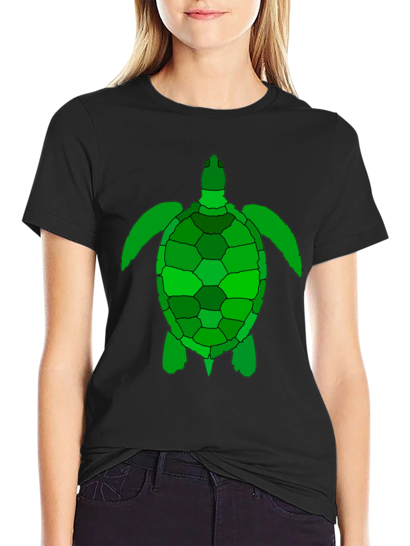 Black Green Sea Turtle Graphic Tee - Black Cotton T-Shirt view 2