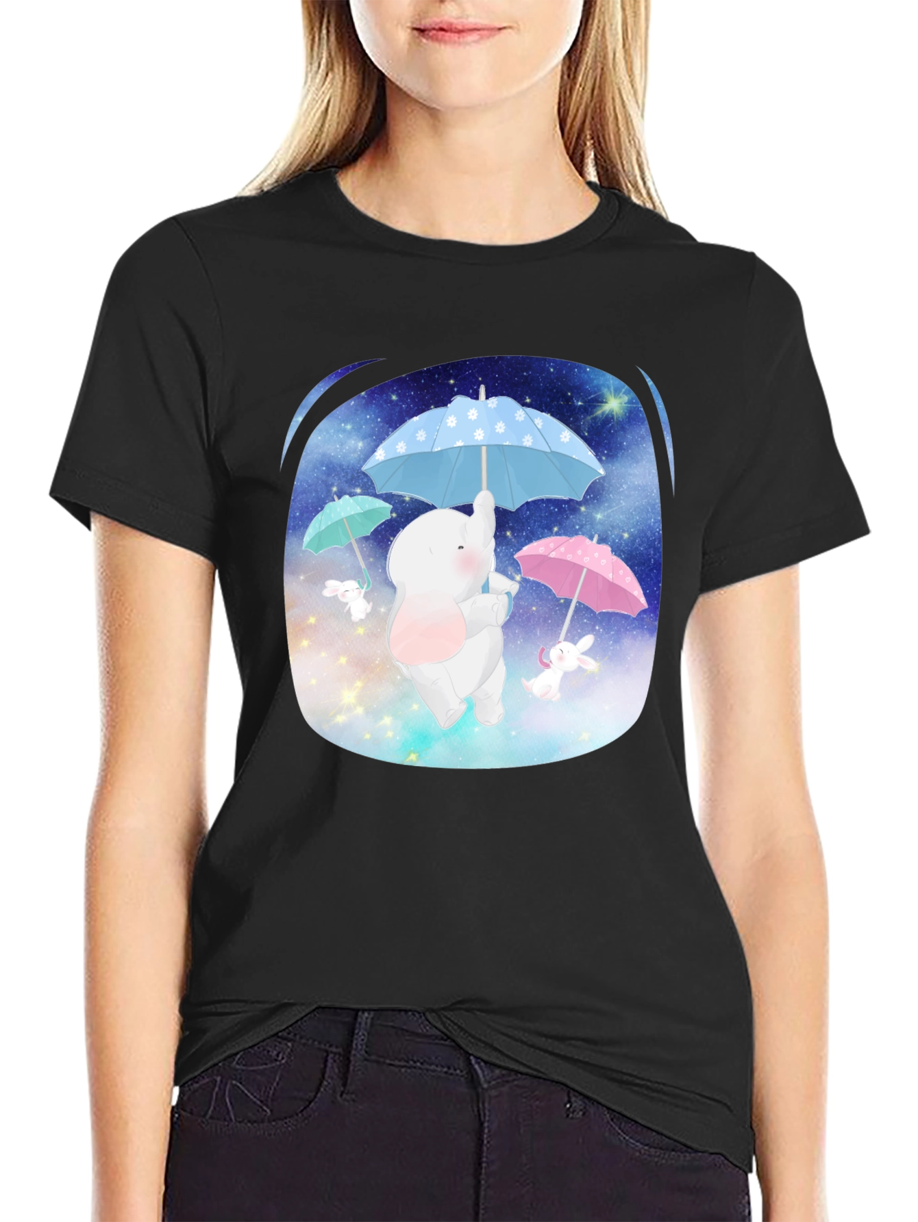 Black Cute Elephant & Bunny Tee - Dreamy Design view 2