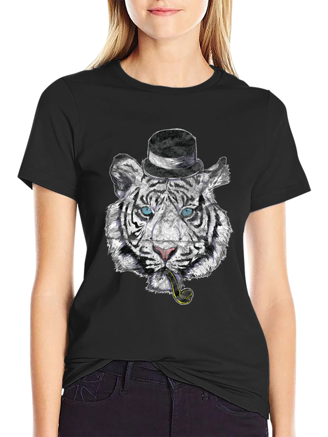 Black Tiger with Hat & Pipe Black Graphic Tee view 2