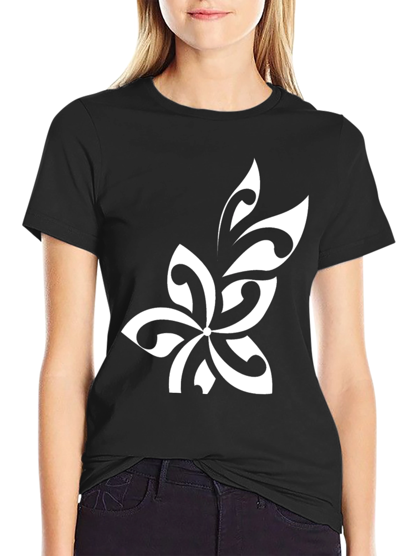 Black Tribal Flower Graphic Tee - Black Cotton Blend view 2