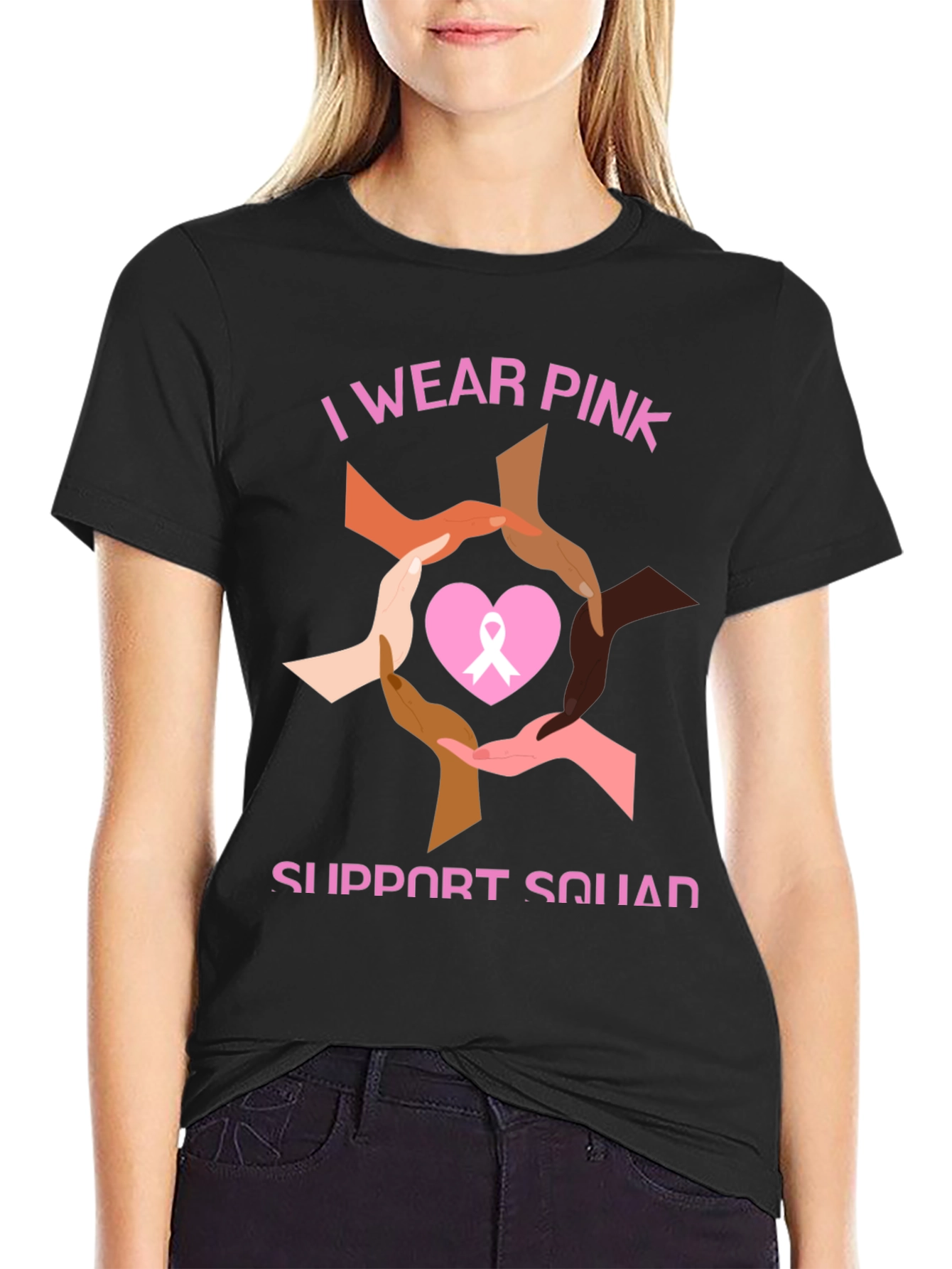 Black I Wear Pink Breast Cancer Support T-Shirt view 2