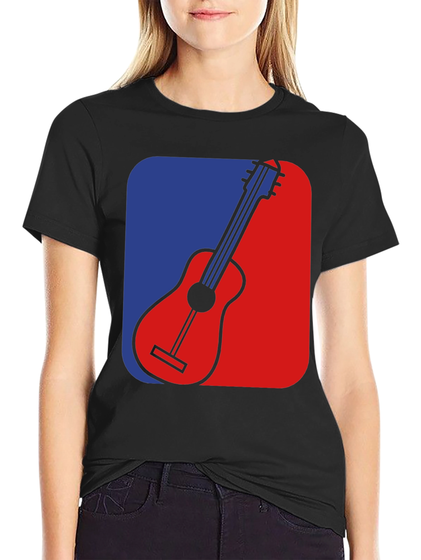 Black Guitar Graphic Tee - Blue & Red Design, Black T-Shirt view 2