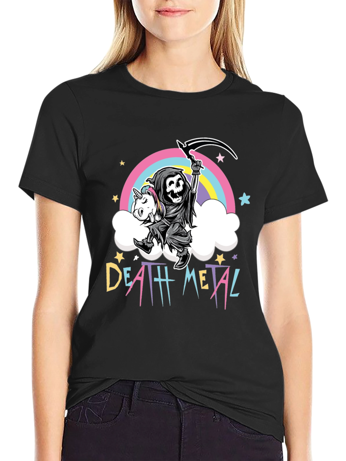 Black Death Metal Grim Reaper Unicorn T-Shirt view 2