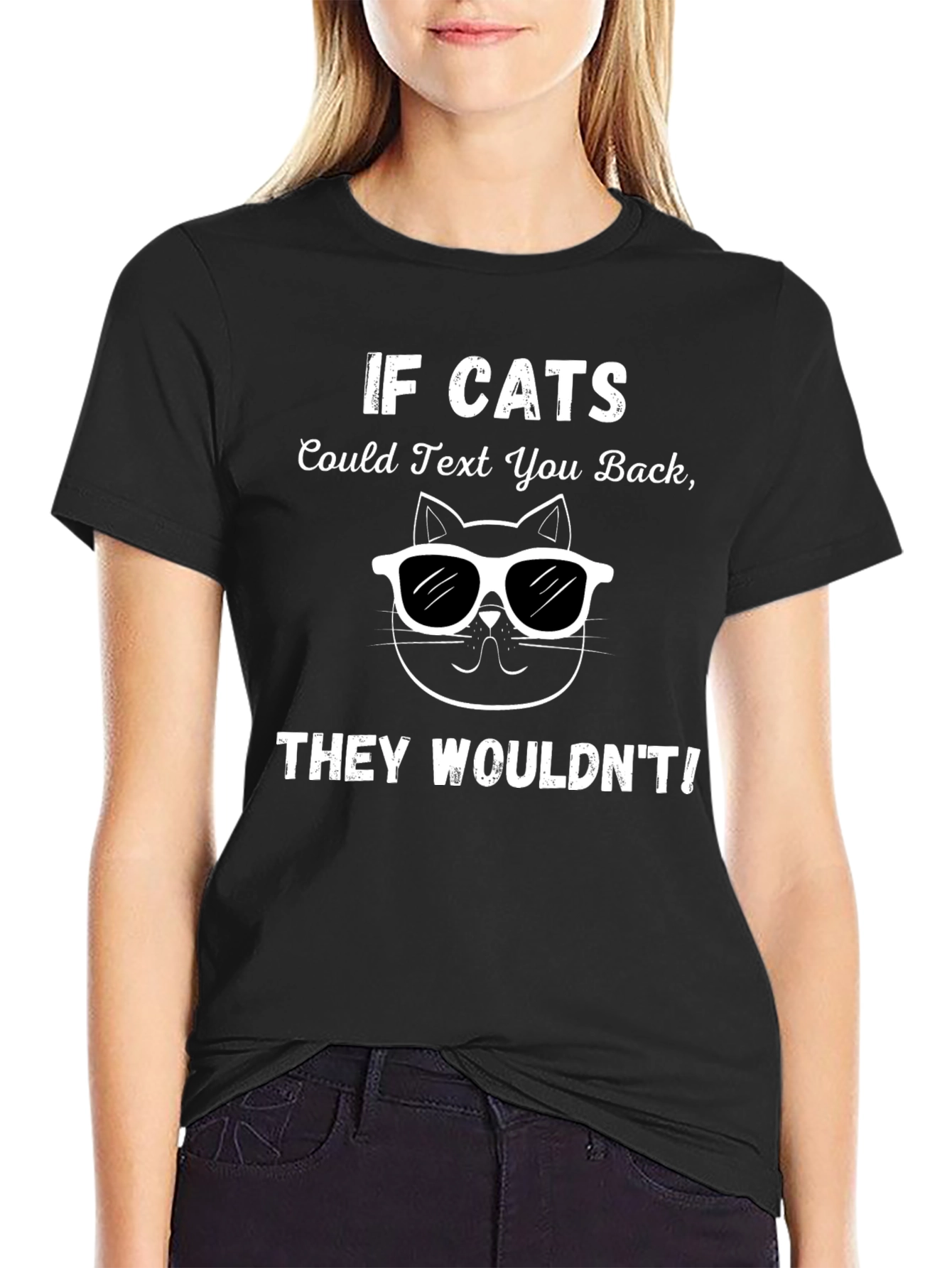 Black Funny "If Cats Could Text" Black T-Shirt view 2