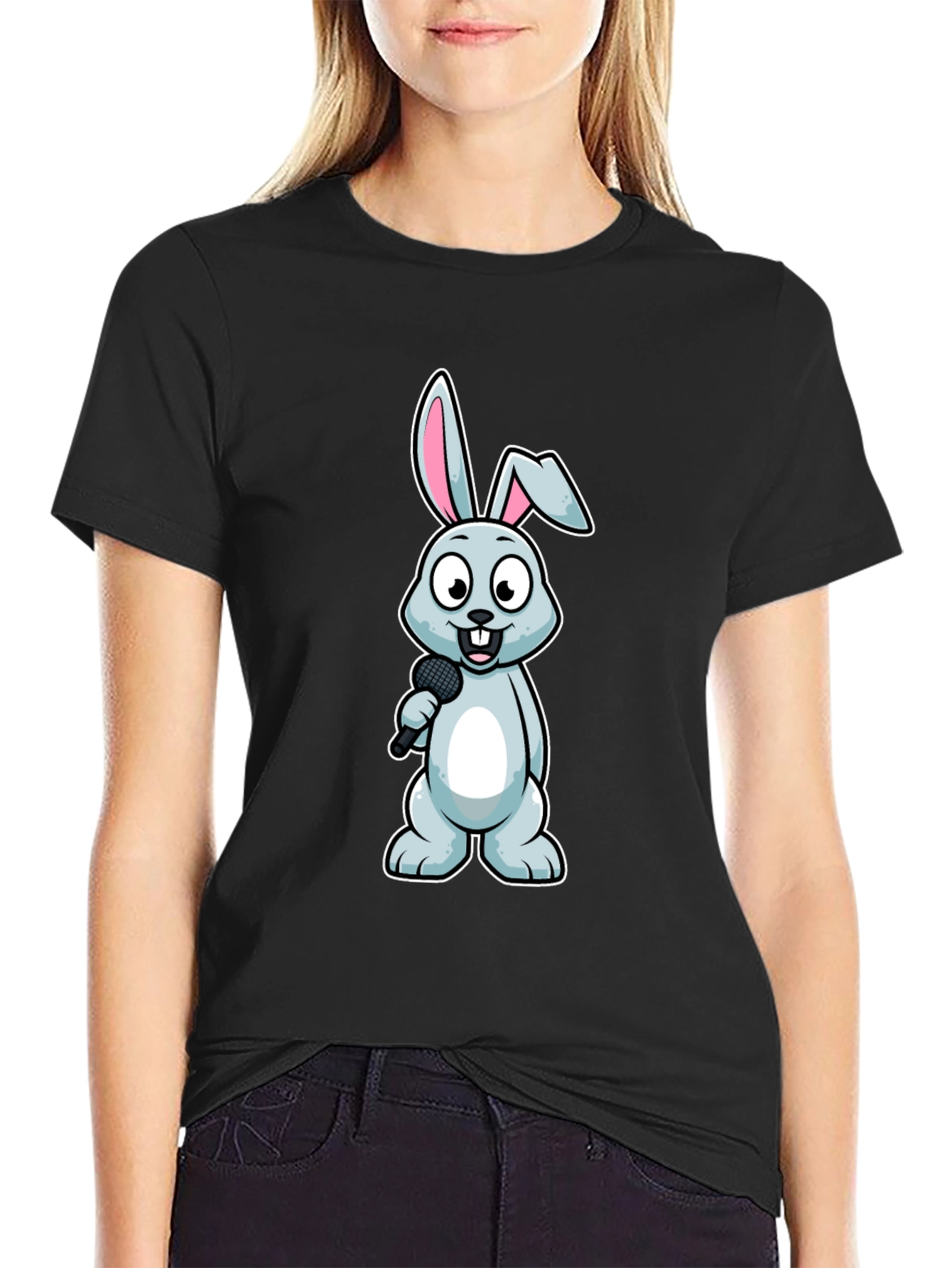 Black Bunny Singer T-Shirt - Black Cotton Tee view 2
