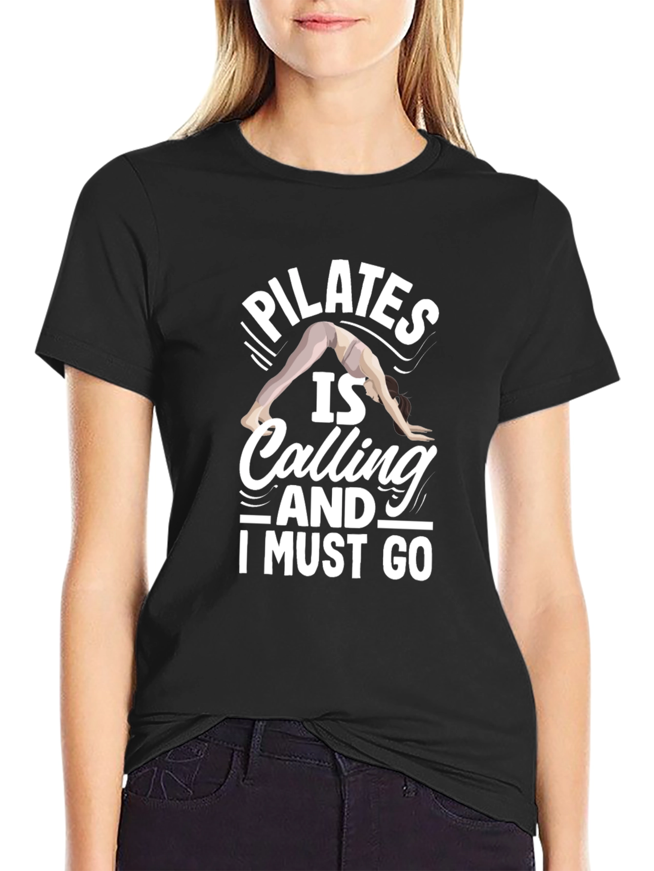 Black Pilates Is Calling Graphic Tee - Soft Black Cotton Shirt view 2