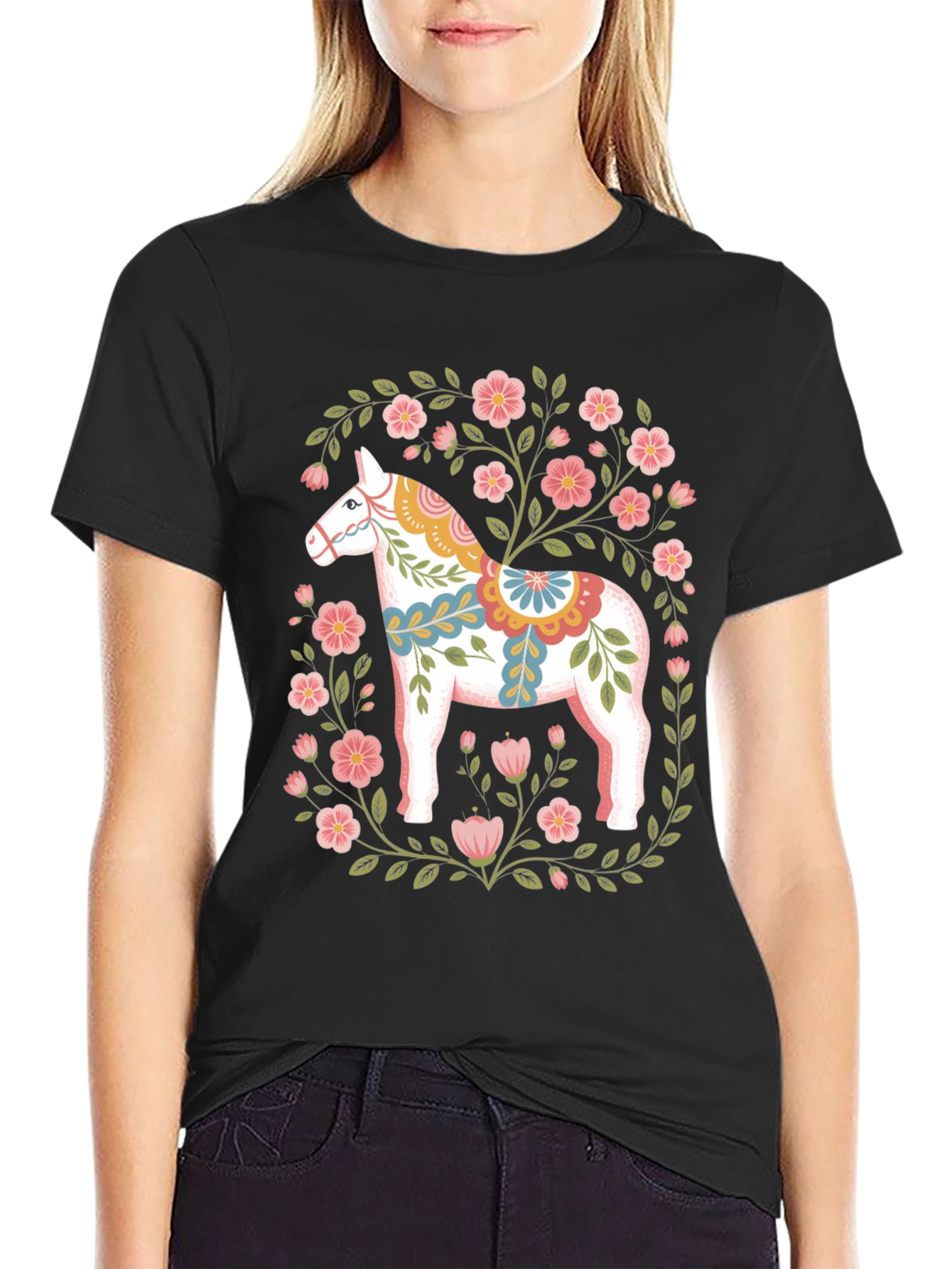 Black Floral Dala Horse Graphic Tee - Black view 2