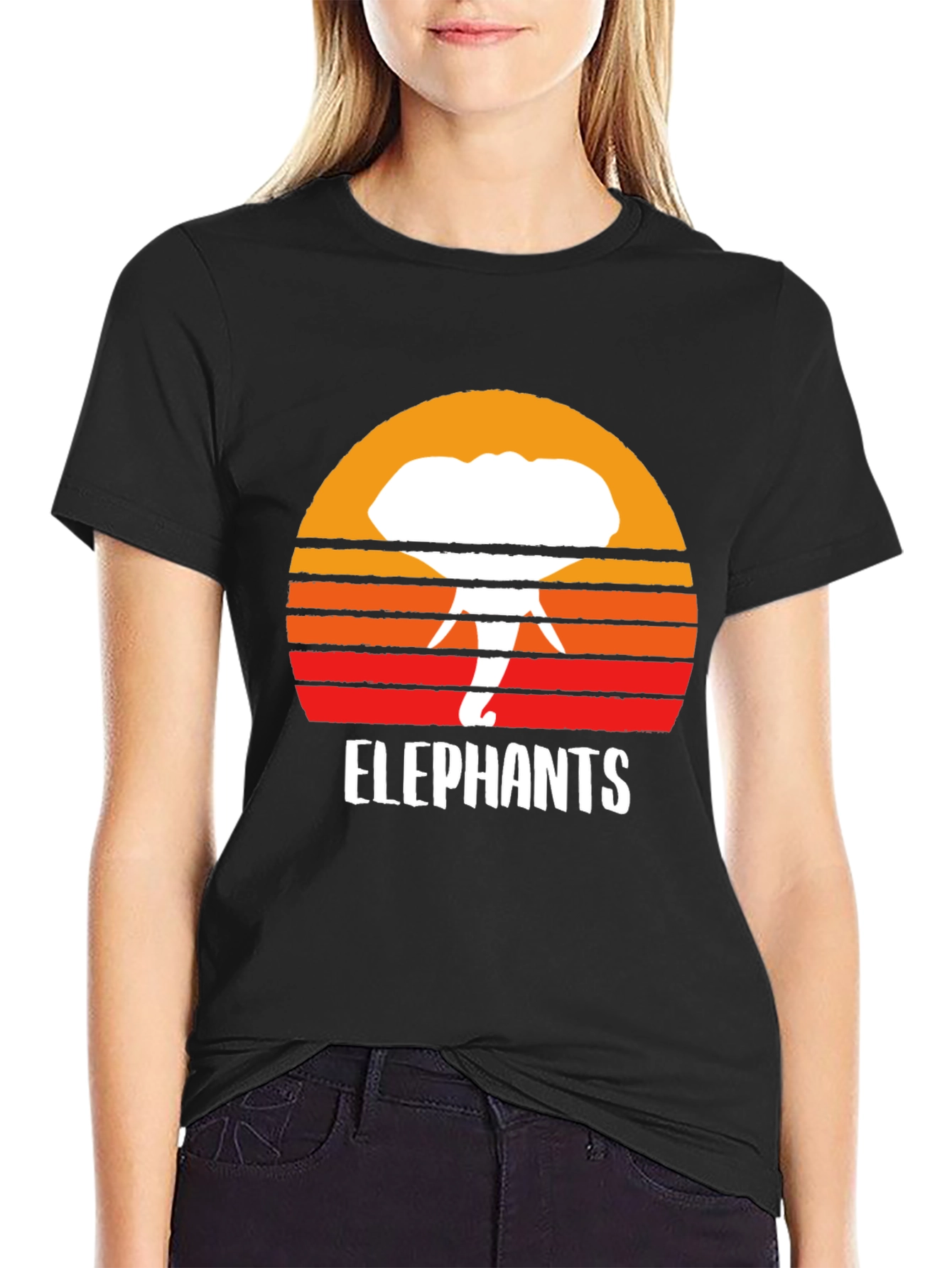 Black Elephant Sunset Graphic Tee - Retro Style Black T-Shirt view 2