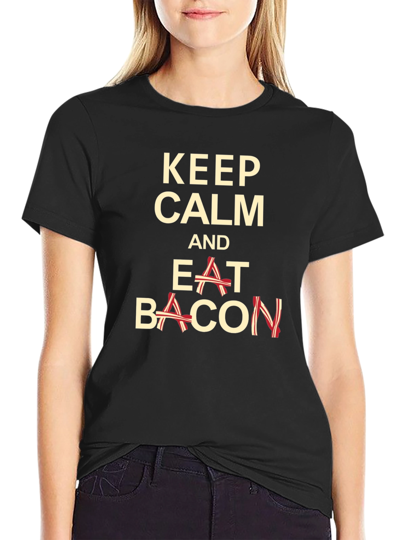Black Keep Calm and Eat Bacon Funny T-Shirt view 2
