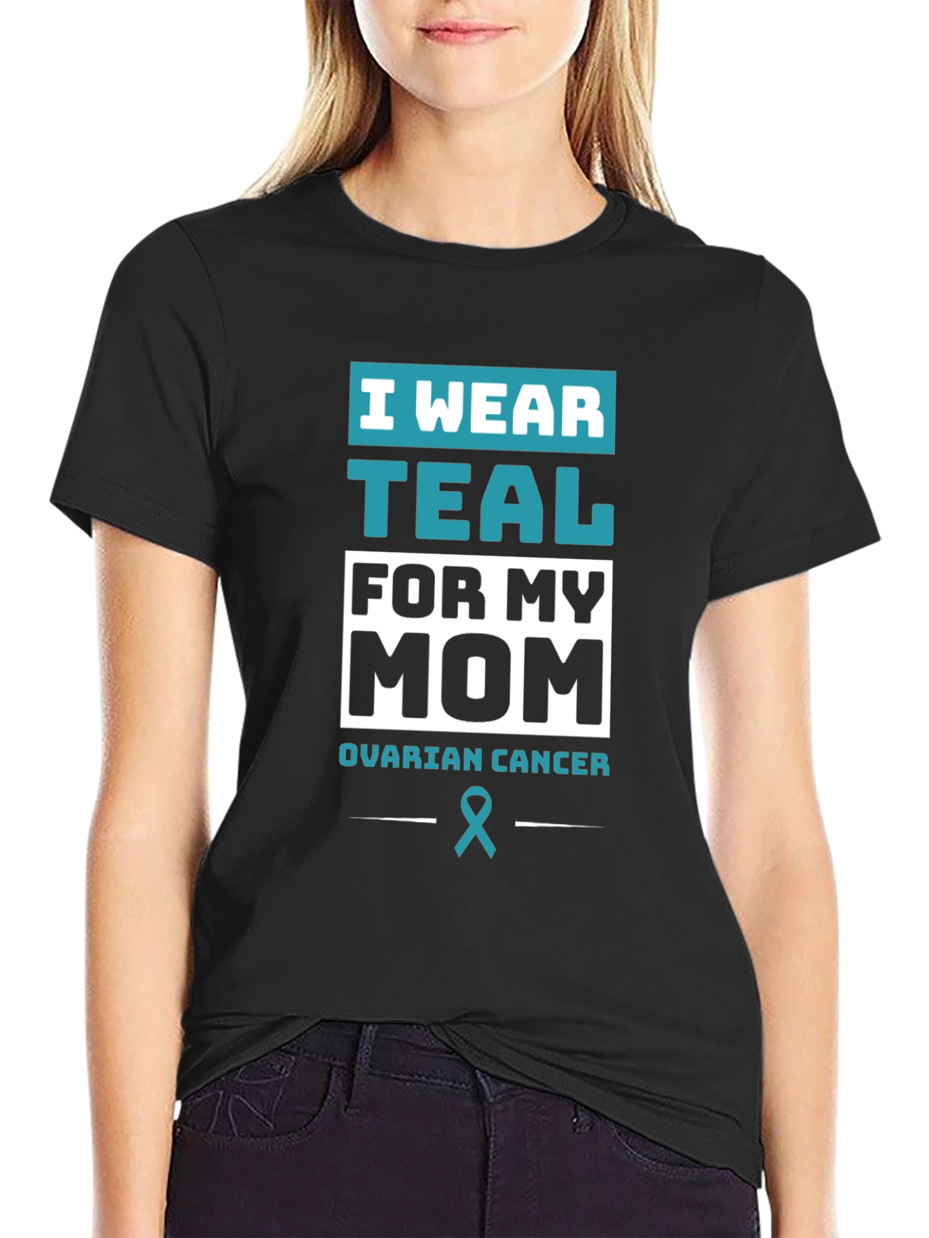 Black Teal Ribbon Ovarian Cancer Awareness T-Shirt view 2