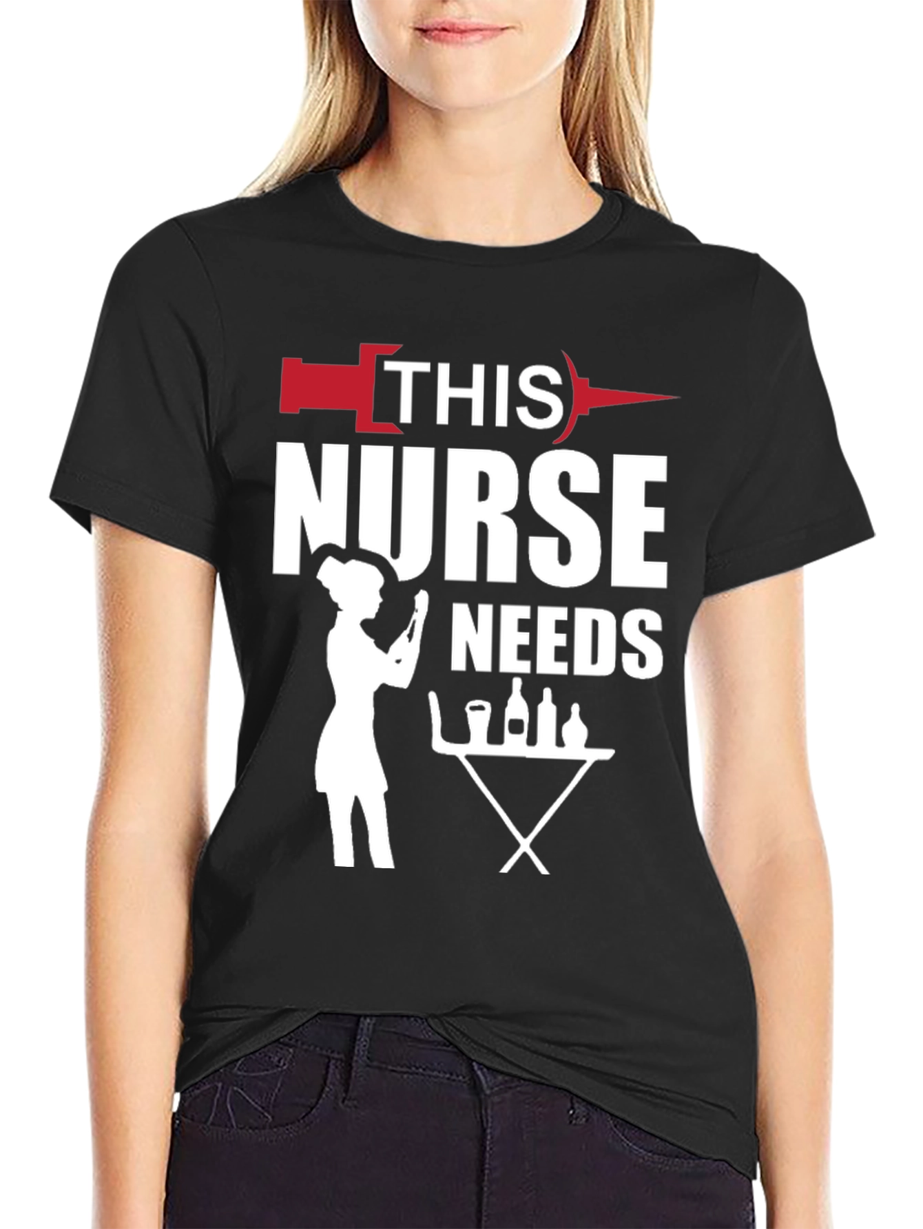 Black Humorous Nurse Needs Wine T-Shirt - Black view 2