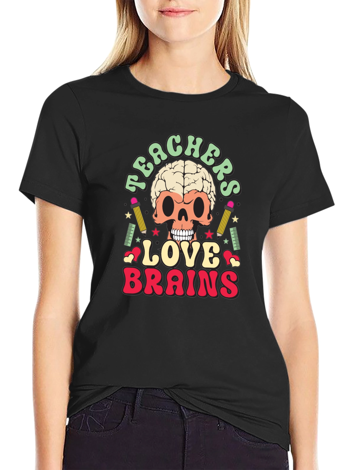 Black Teachers Love Brains Graphic Tee - Funny Skull T-Shirt view 2