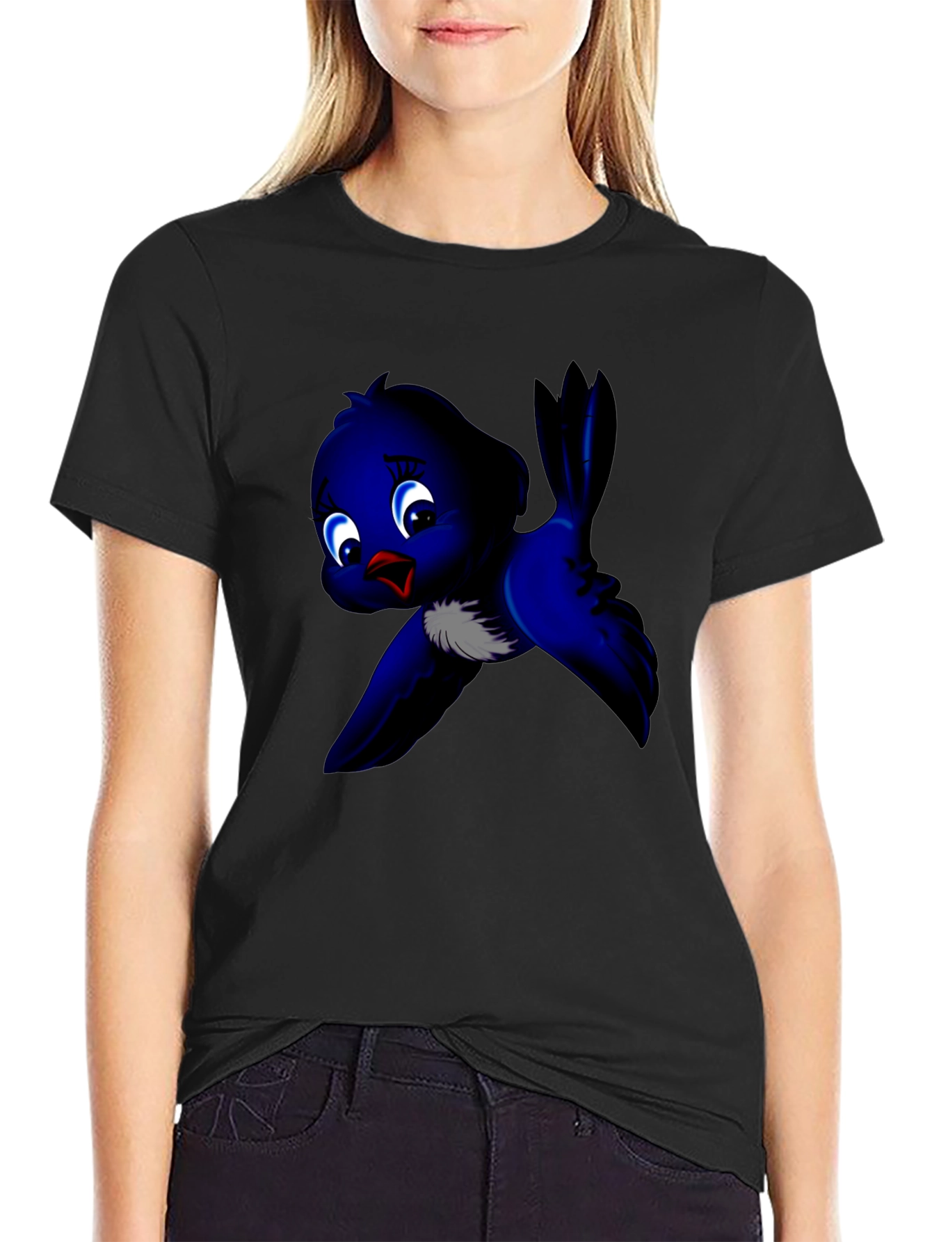 Black Cute Blue Bird Graphic Tee - Soft Cotton view 2