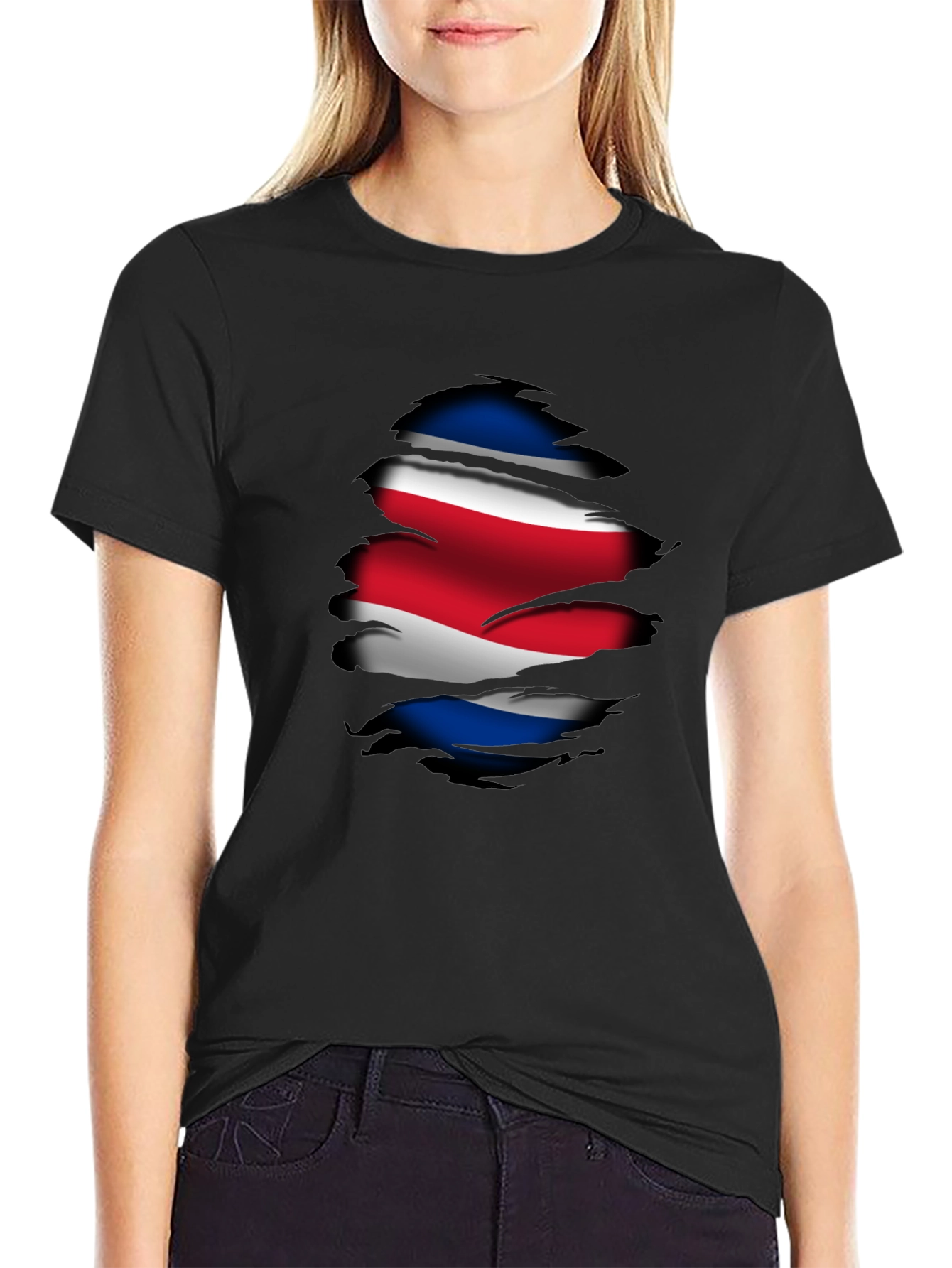 Costa Rica Flag Ripped Black T-Shirt - 2