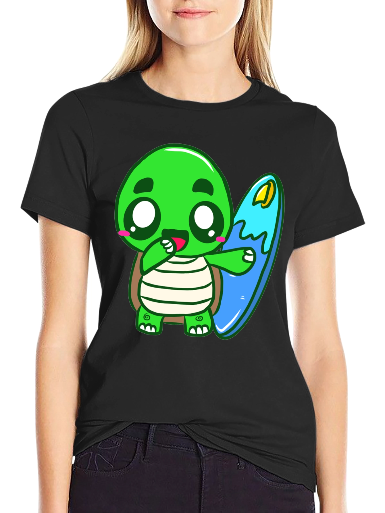 Black Cute Turtle Surfing Graphic Tee view 2
