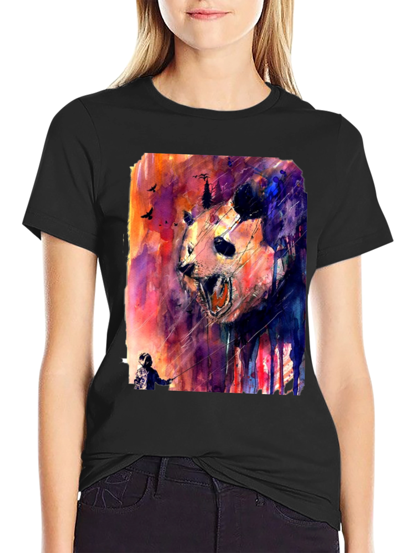 Black Panda Watercolor Graphic Print Black T-Shirt view 2