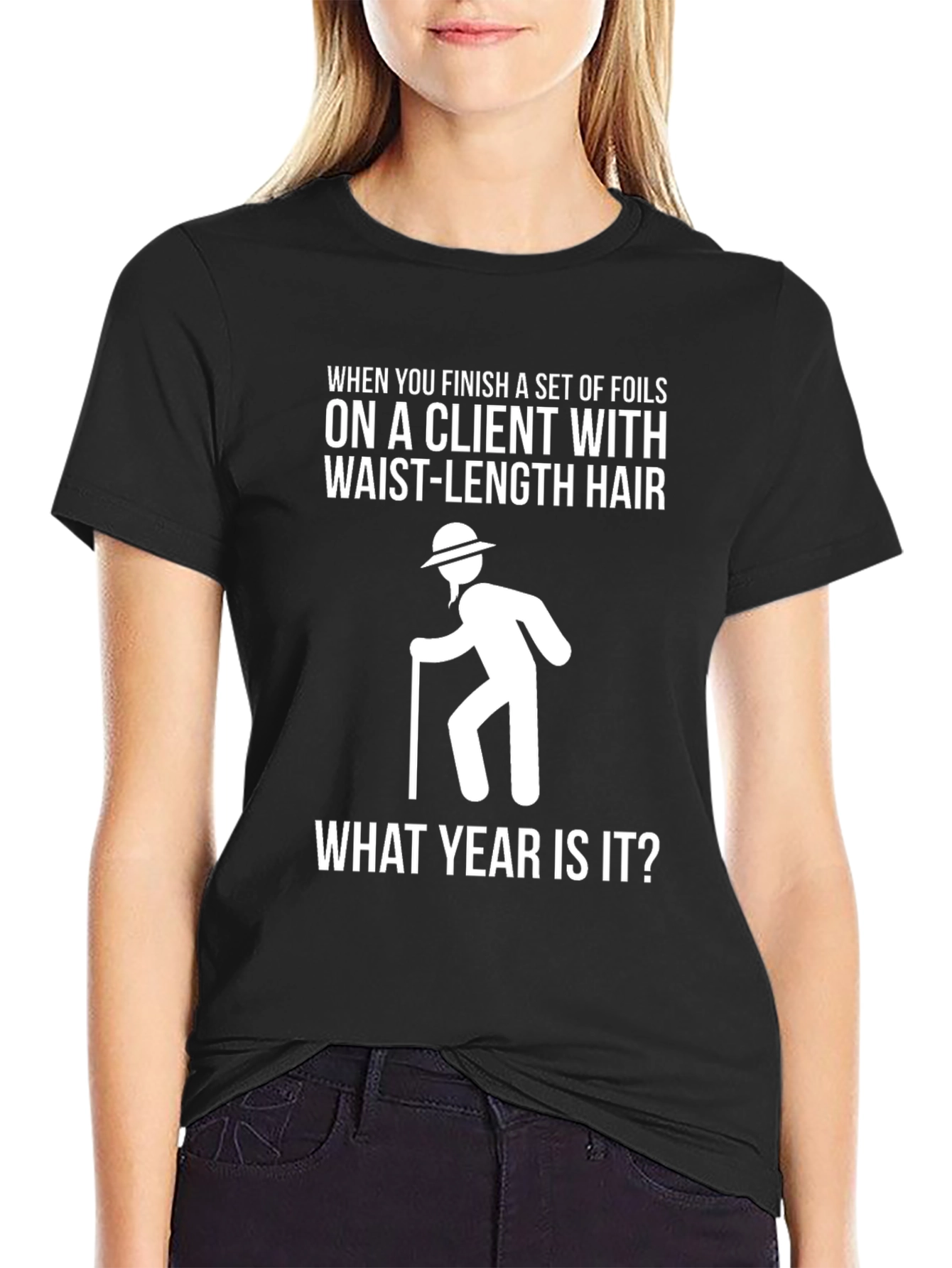 Black Funny Hair Stylist T-Shirt: Foil Humor view 2