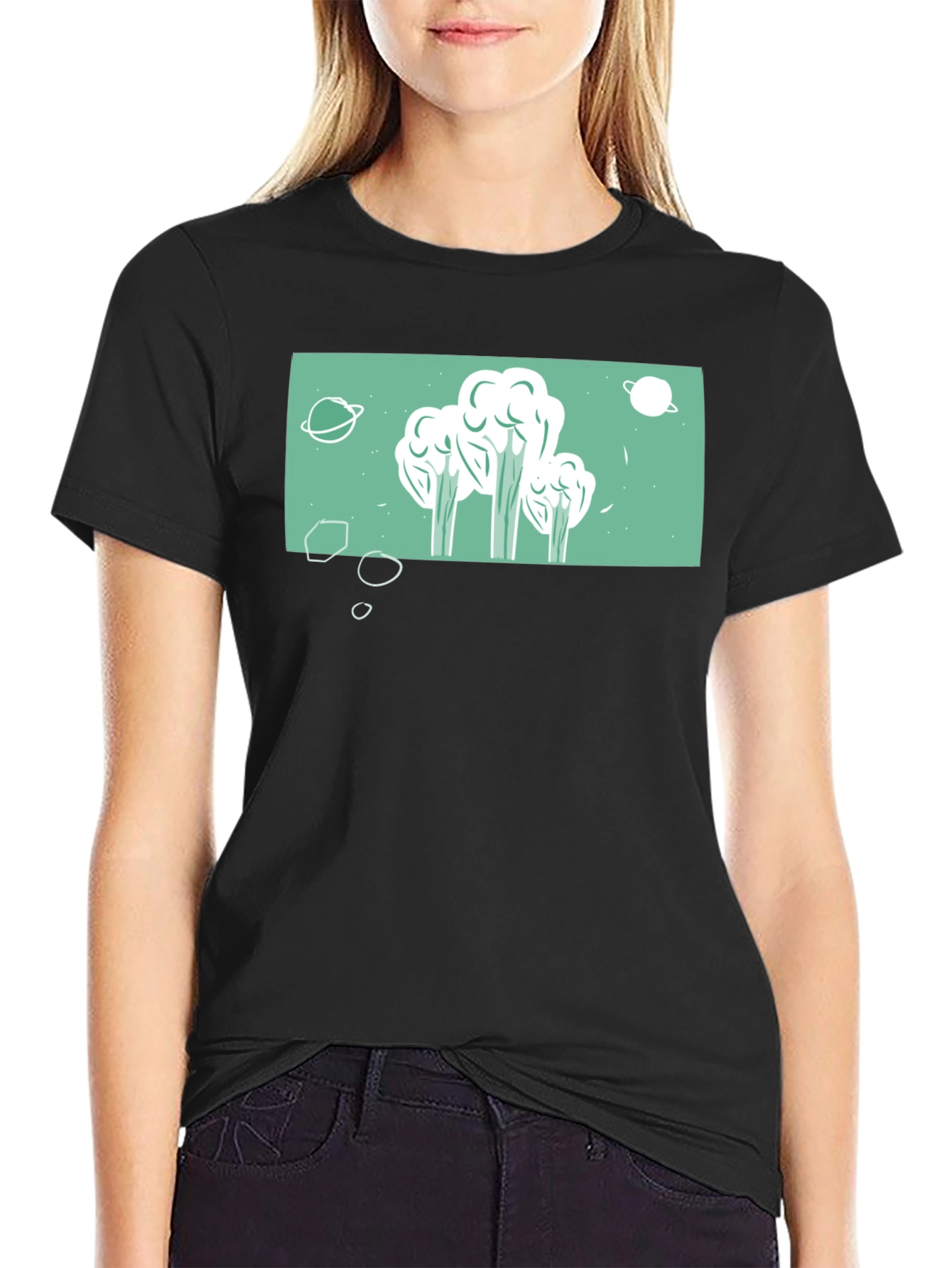 Black Space Broccoli T-Shirt - Quirky Graphic Tee view 2