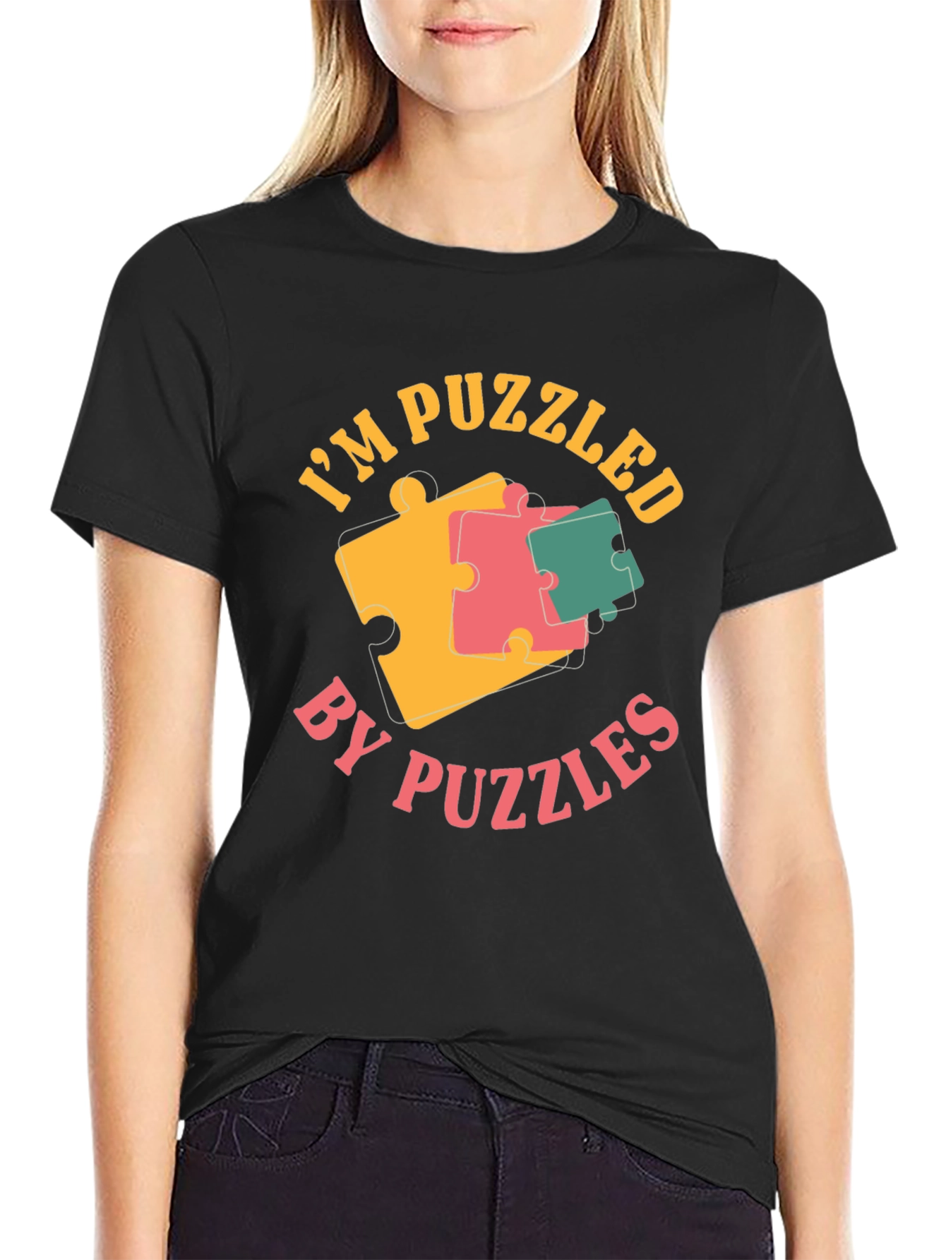 Black Puzzled by Puzzles Black Graphic Tee Shirt view 2