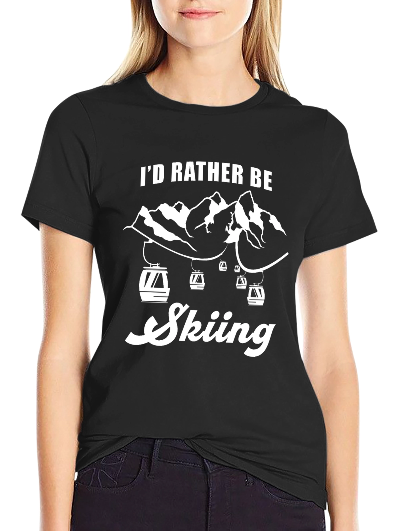 Black I'd Rather Be Skiing Black T-Shirt view 2