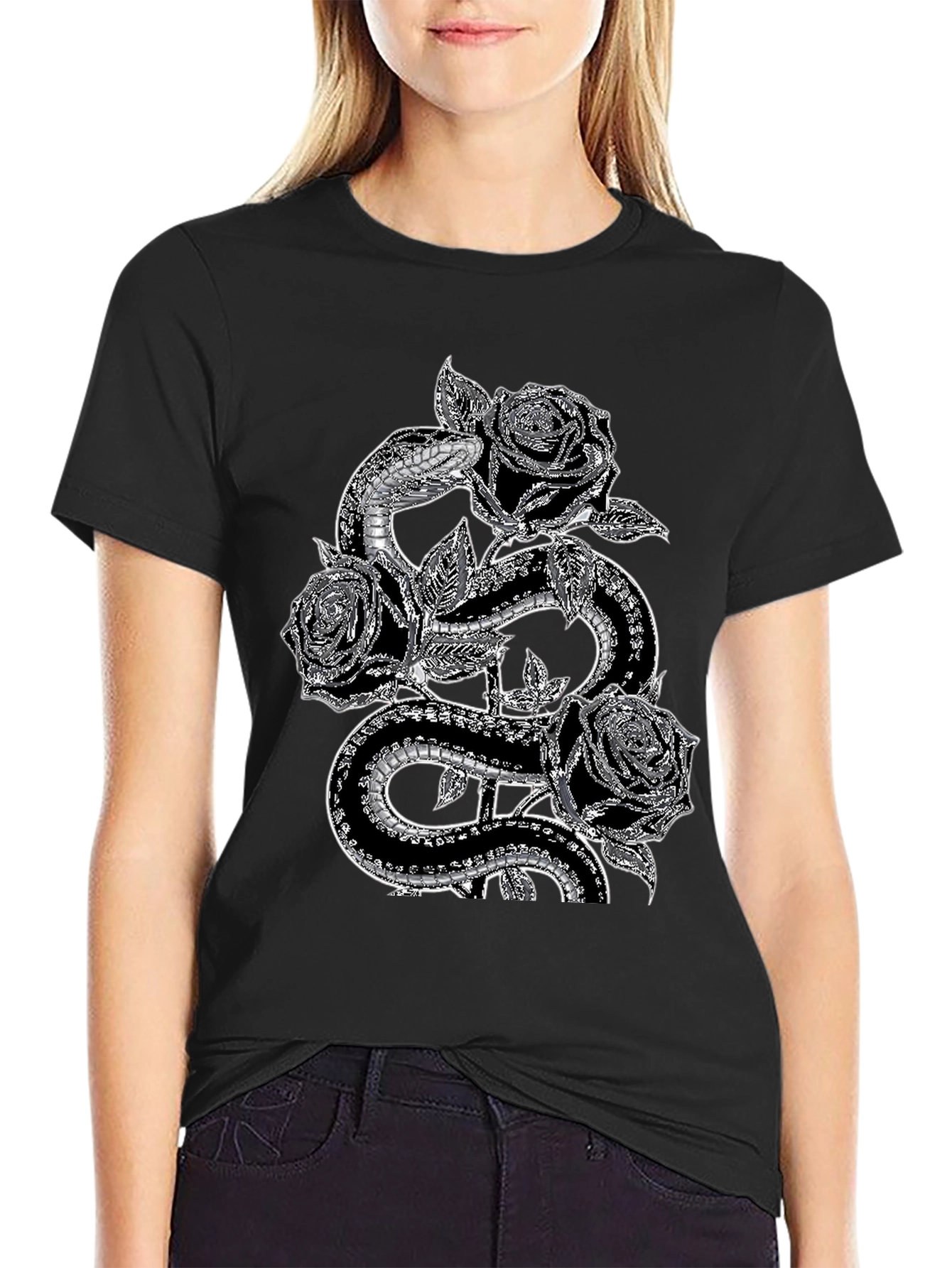 Black Snake & Roses Graphic Tee - Stylish Black T-Shirt view 2