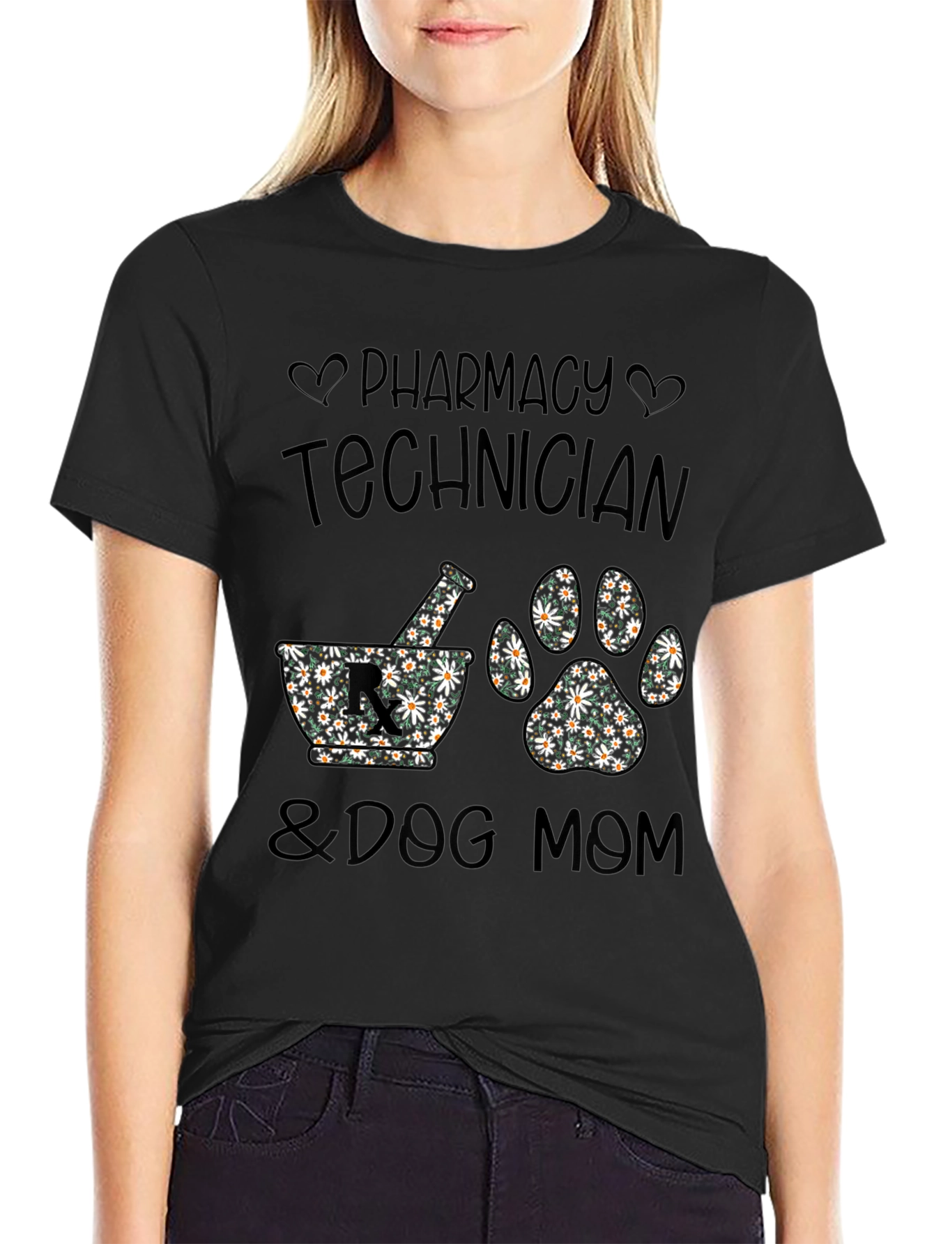 Black Pharmacy Tech & Dog Mom Floral Print T-Shirt view 2