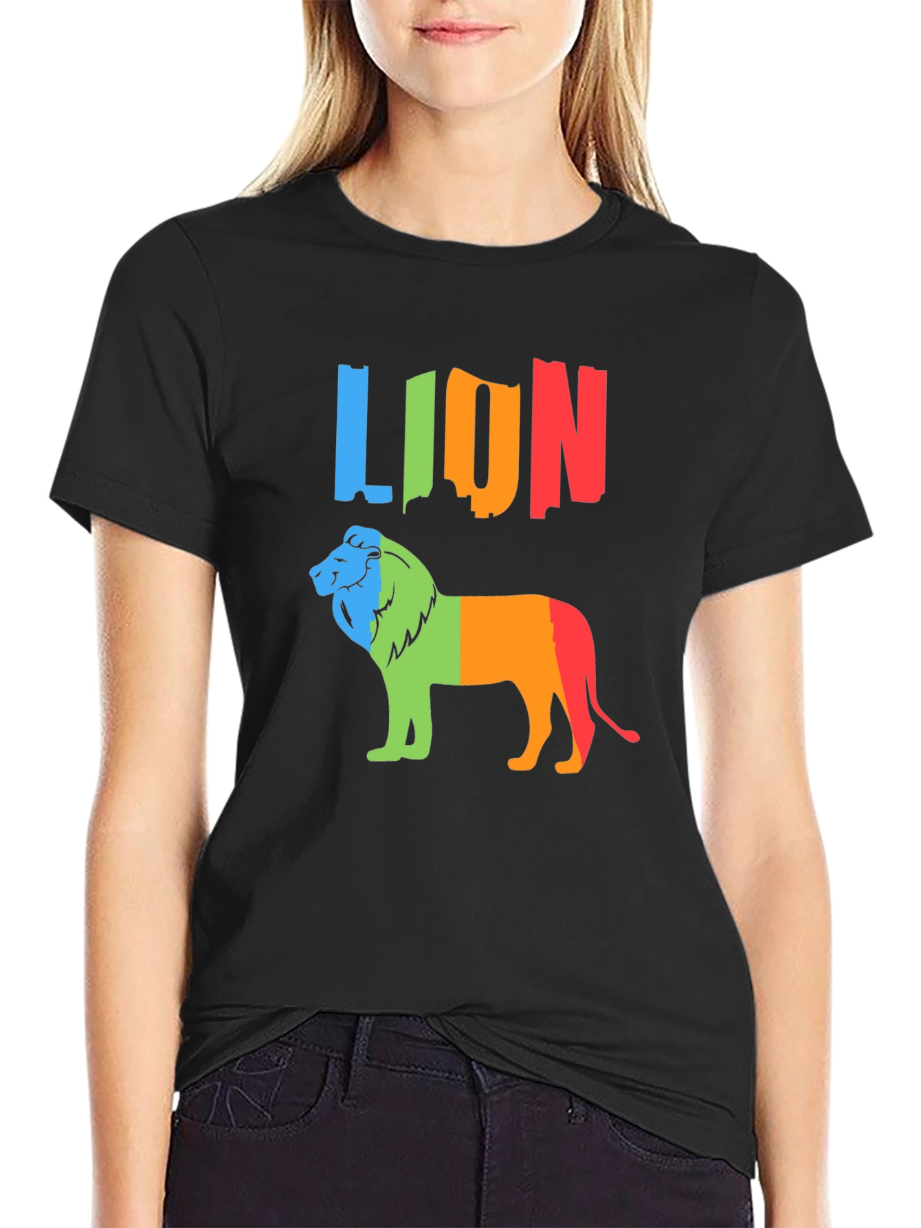 Black Colorful Lion Graphic Tee - Black Crewneck T-Shirt view 2