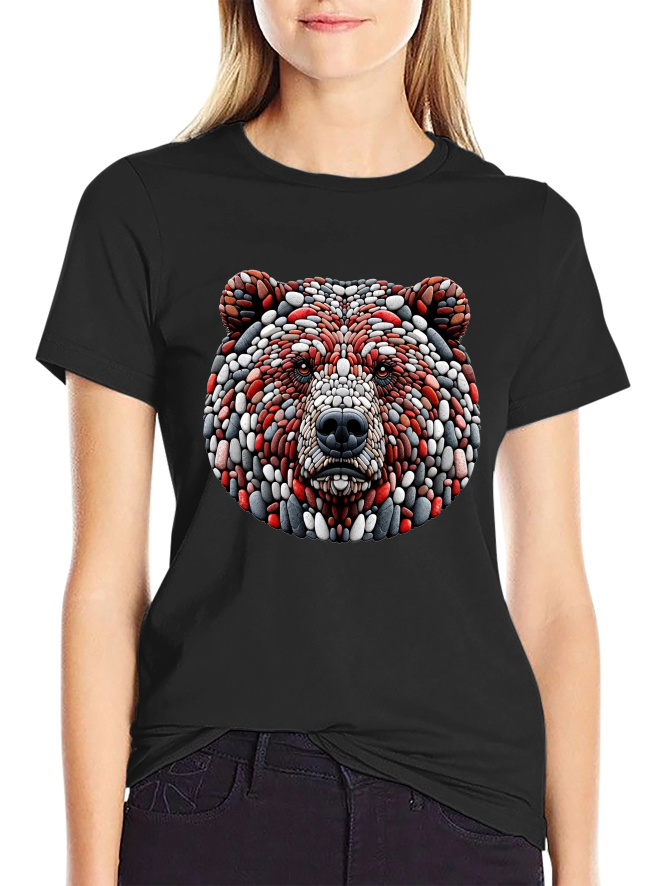 Black Unique Bear Head Graphic Black T-Shirt view 2